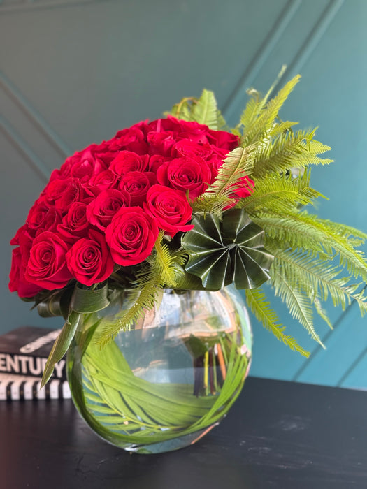 50 roses in modern "moon" vase