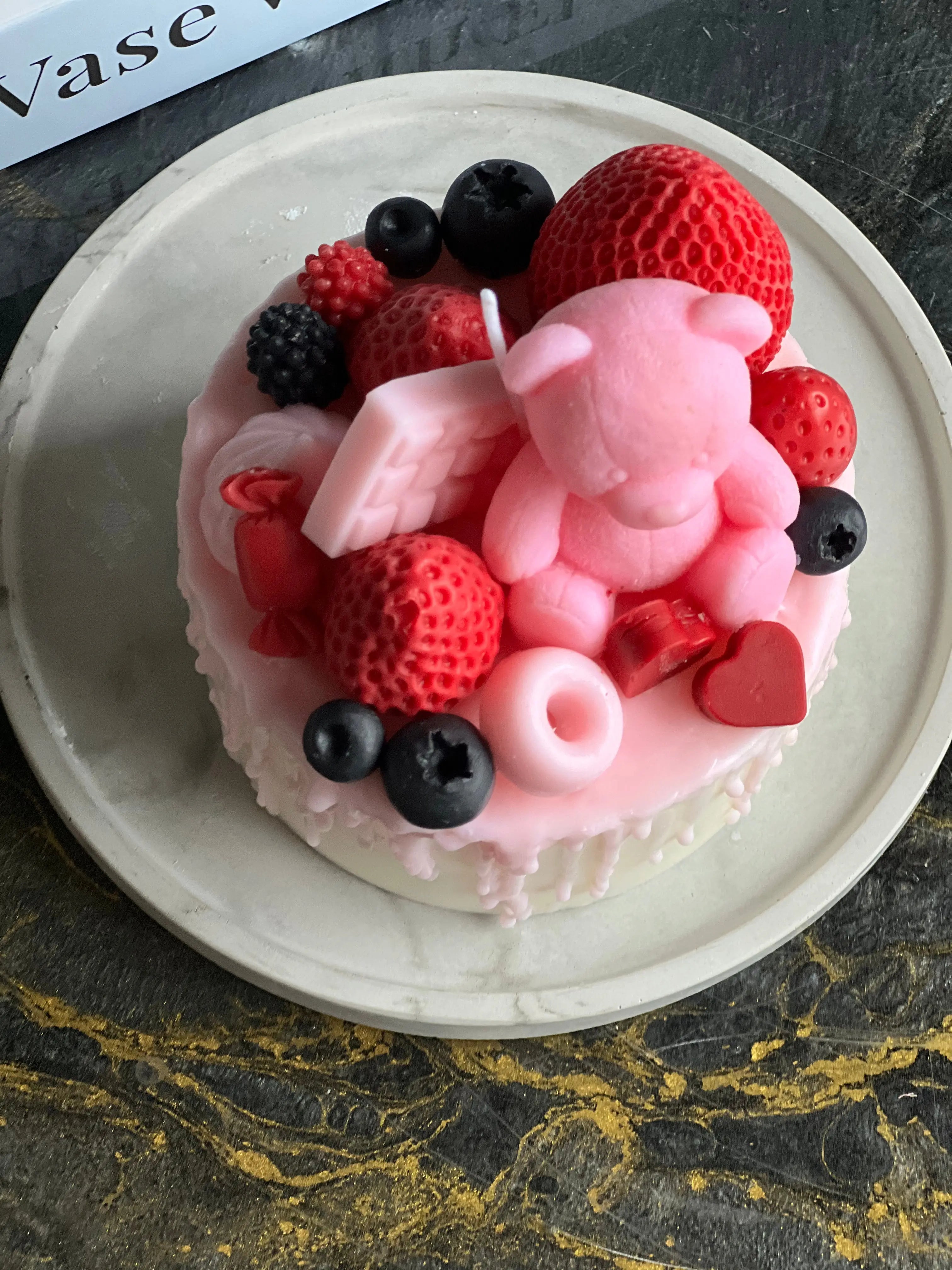 Pink Teddy Bear Cake Candle | Handmade Dessert Soy Candle buy online Luxury Flowers Miami