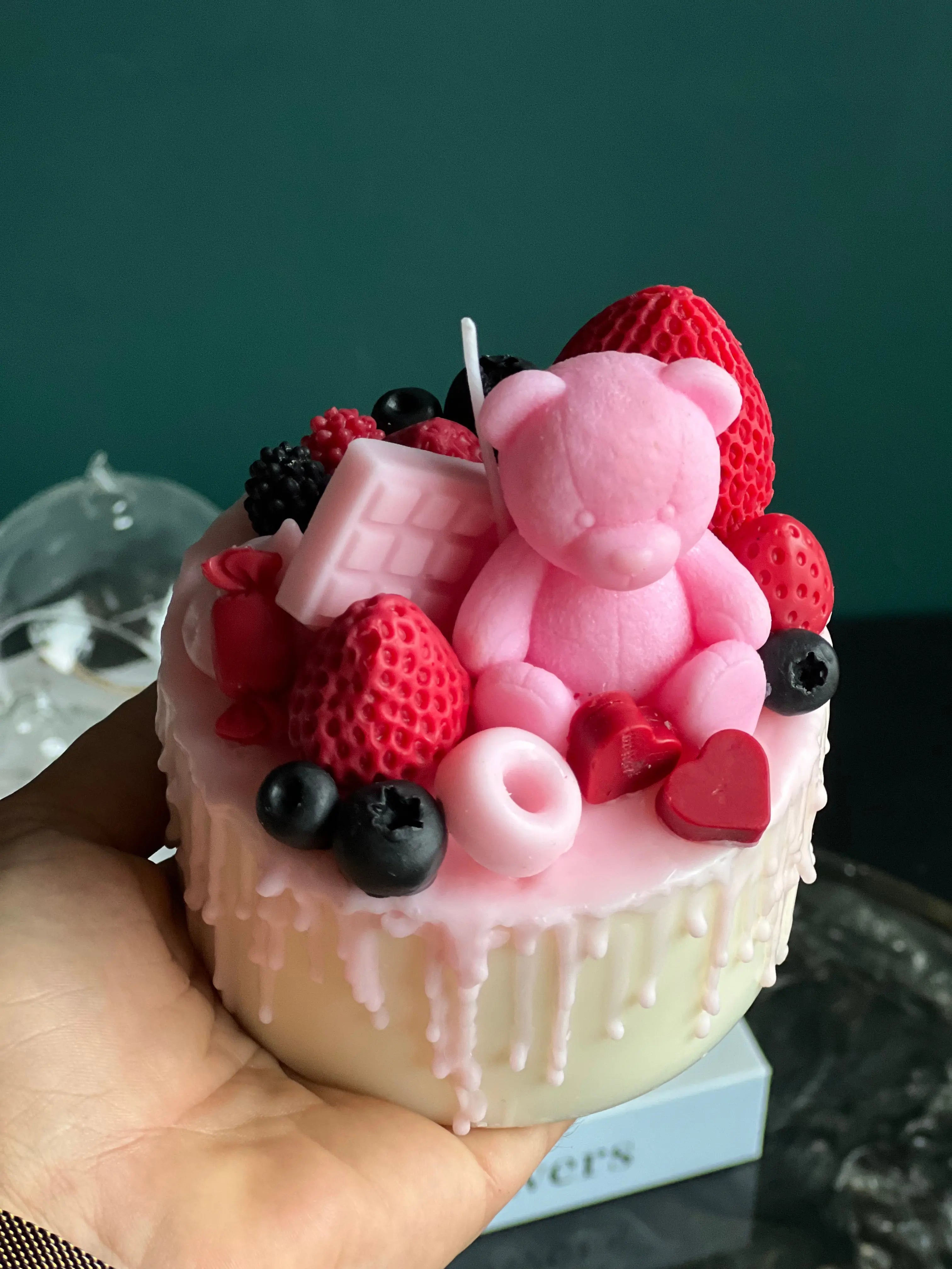Pink Teddy Bear Cake Candle | Handmade Dessert Soy Candle buy online Luxury Flowers Miami