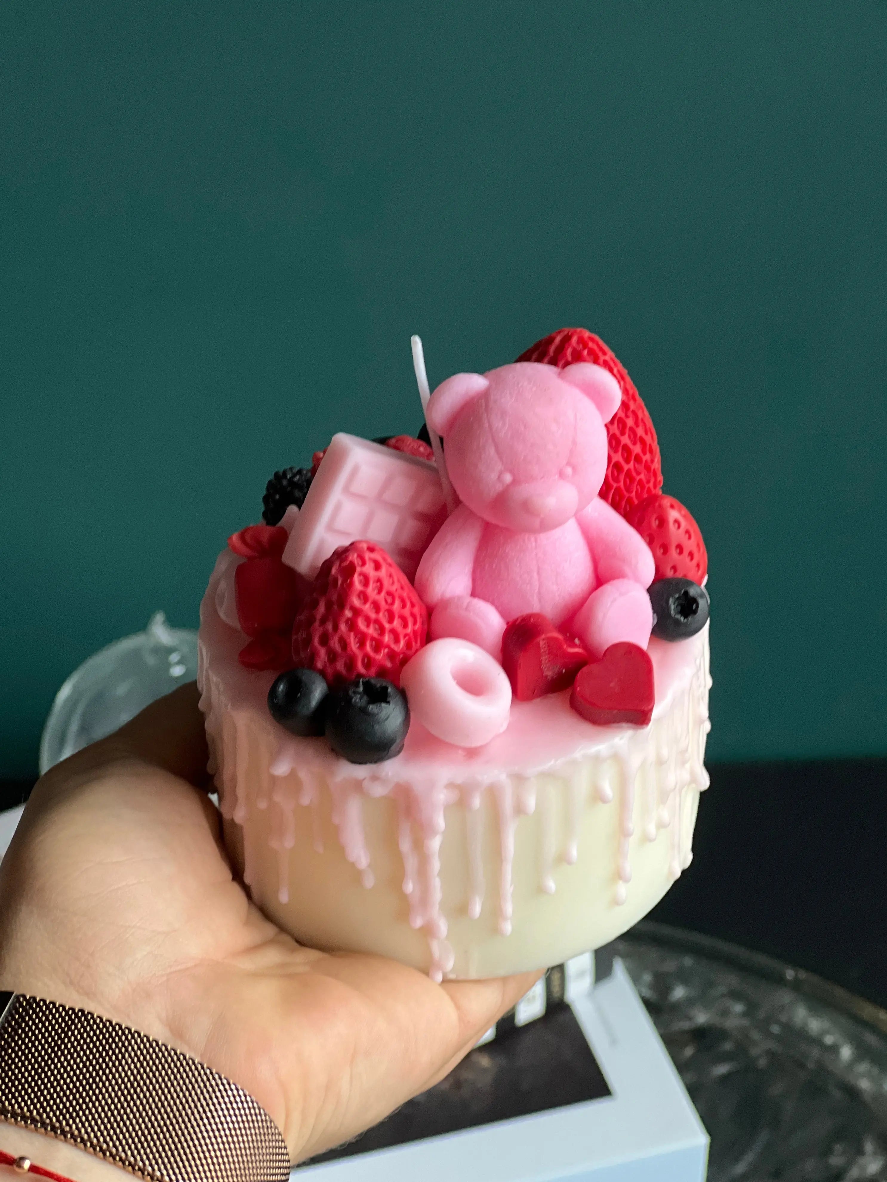 Pink Teddy Bear Cake Candle | Handmade Dessert Soy Candle buy online Luxury Flowers Miami