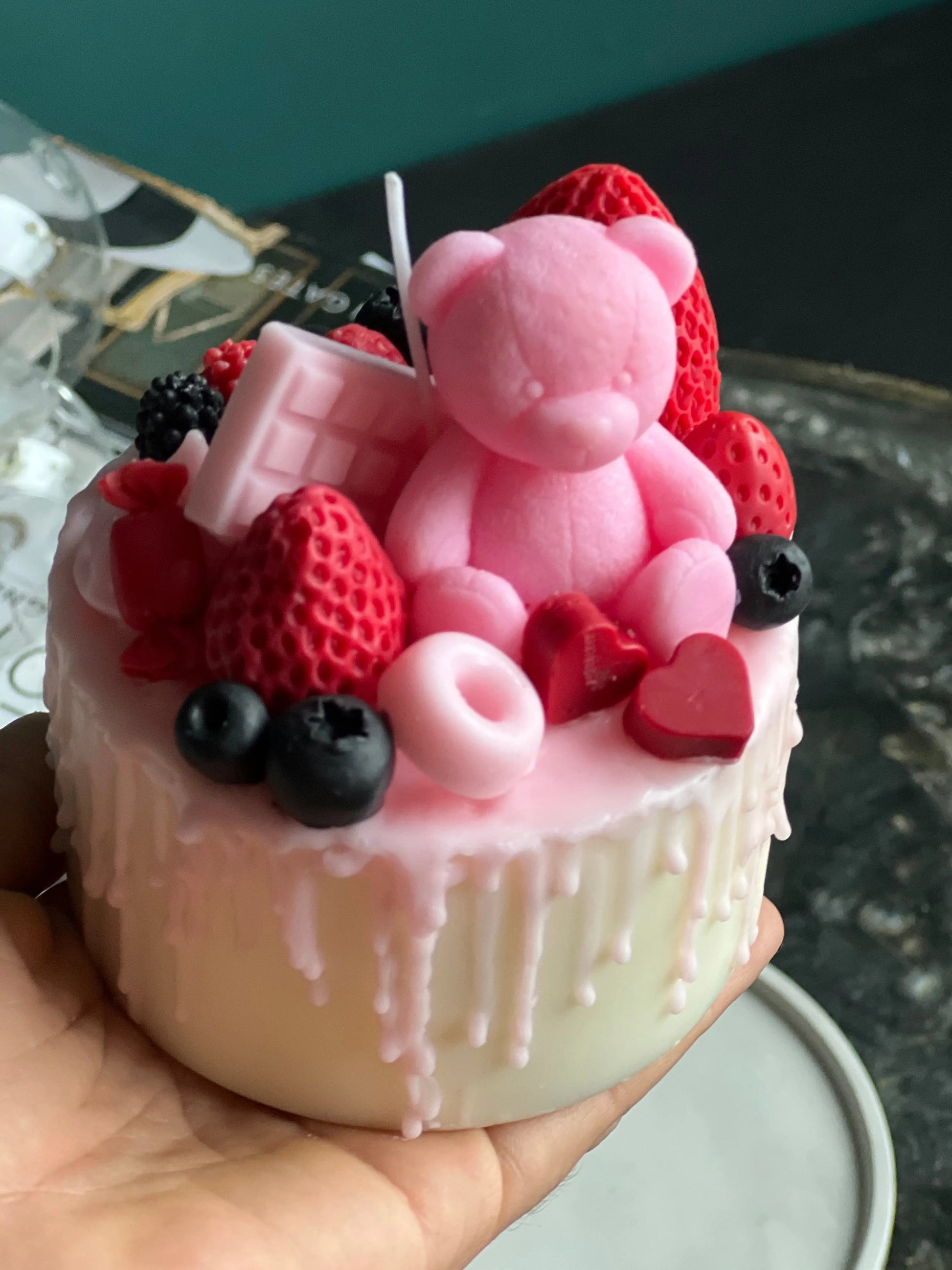 Pink Teddy Bear Cake Candle | Handmade Dessert Soy Candle buy online Luxury Flowers Miami