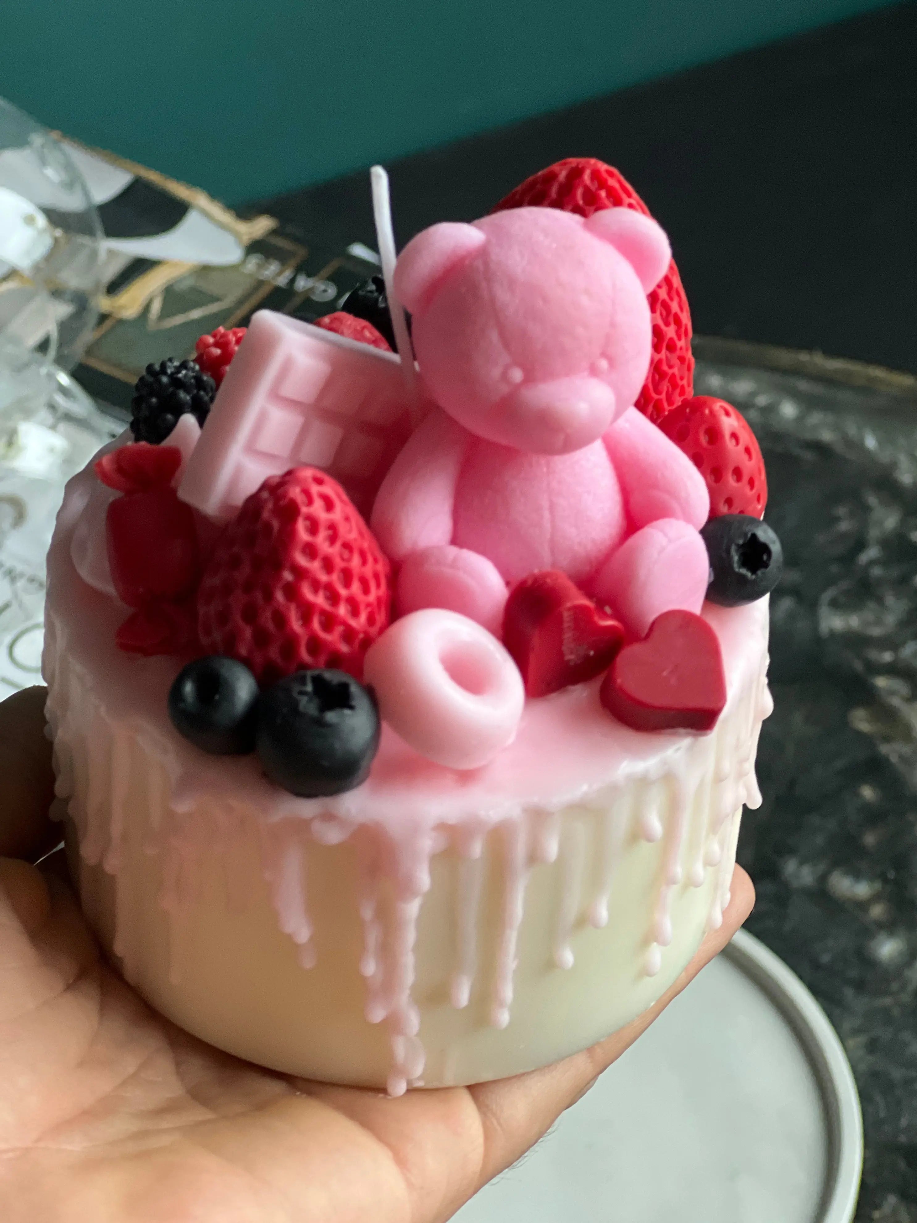 Pink Teddy Bear Cake Candle | Handmade Dessert Soy Candle buy online Luxury Flowers Miami