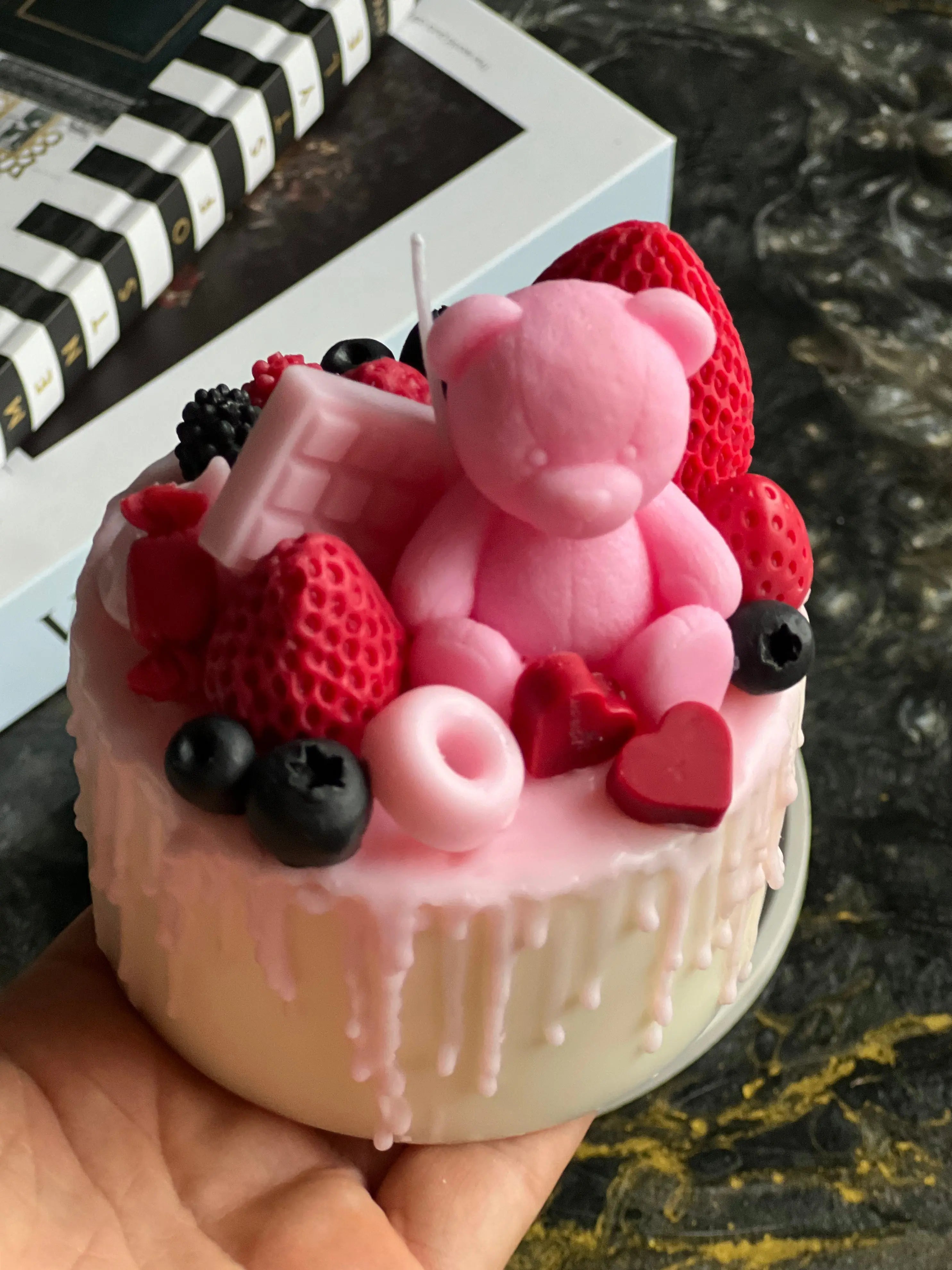Pink Teddy Bear Cake Candle | Handmade Dessert Soy Candle buy online Luxury Flowers Miami
