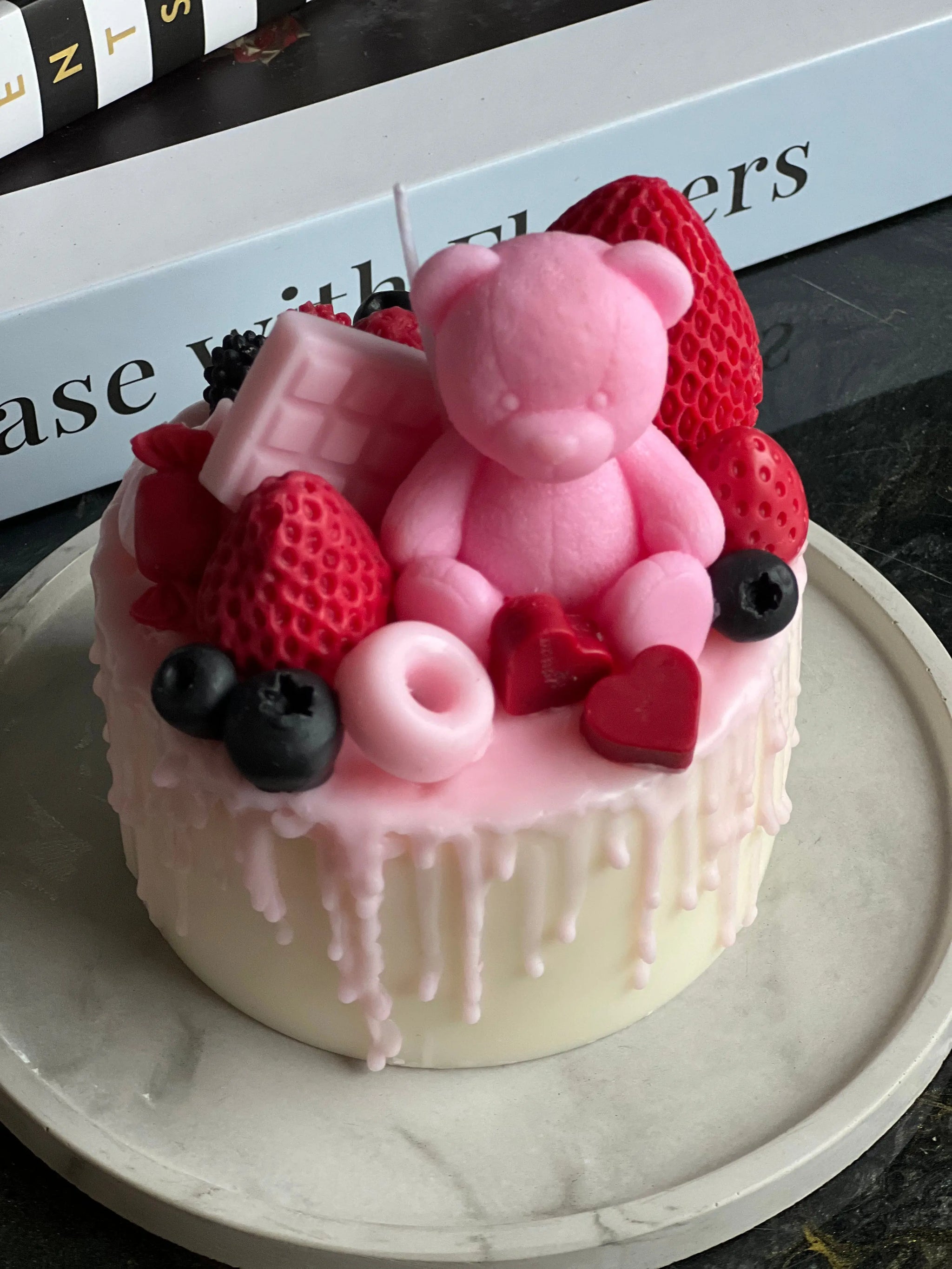 Pink Teddy Bear Cake Candle | Handmade Dessert Soy Candle buy online Luxury Flowers Miami
