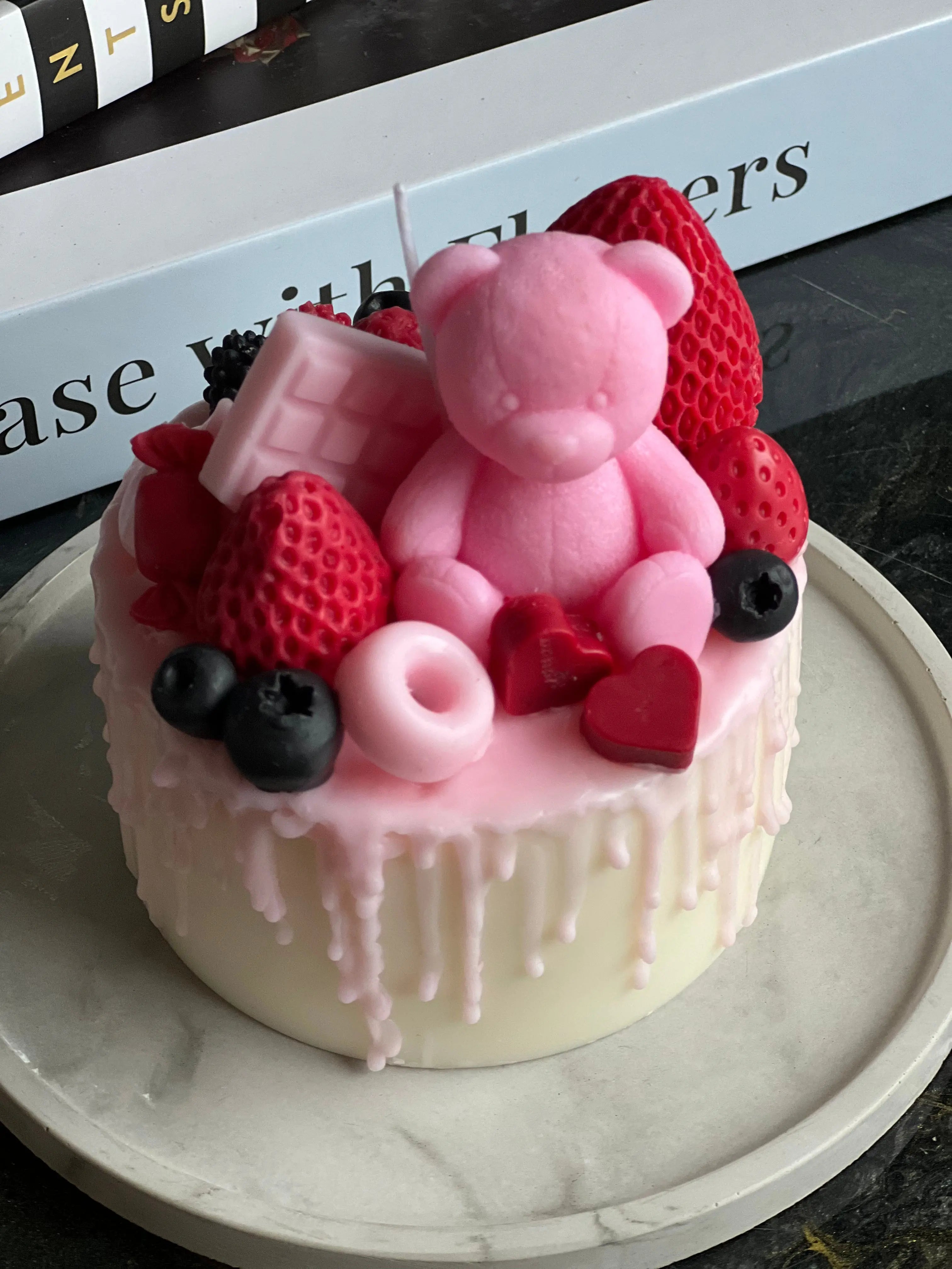Pink Teddy Bear Cake Candle | Handmade Dessert Soy Candle buy online Luxury Flowers Miami