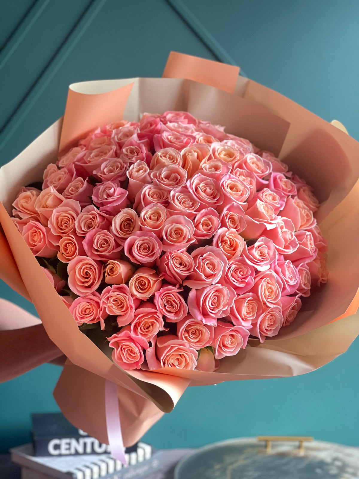 Large 100 pink rose bouquet with elegant wrapping