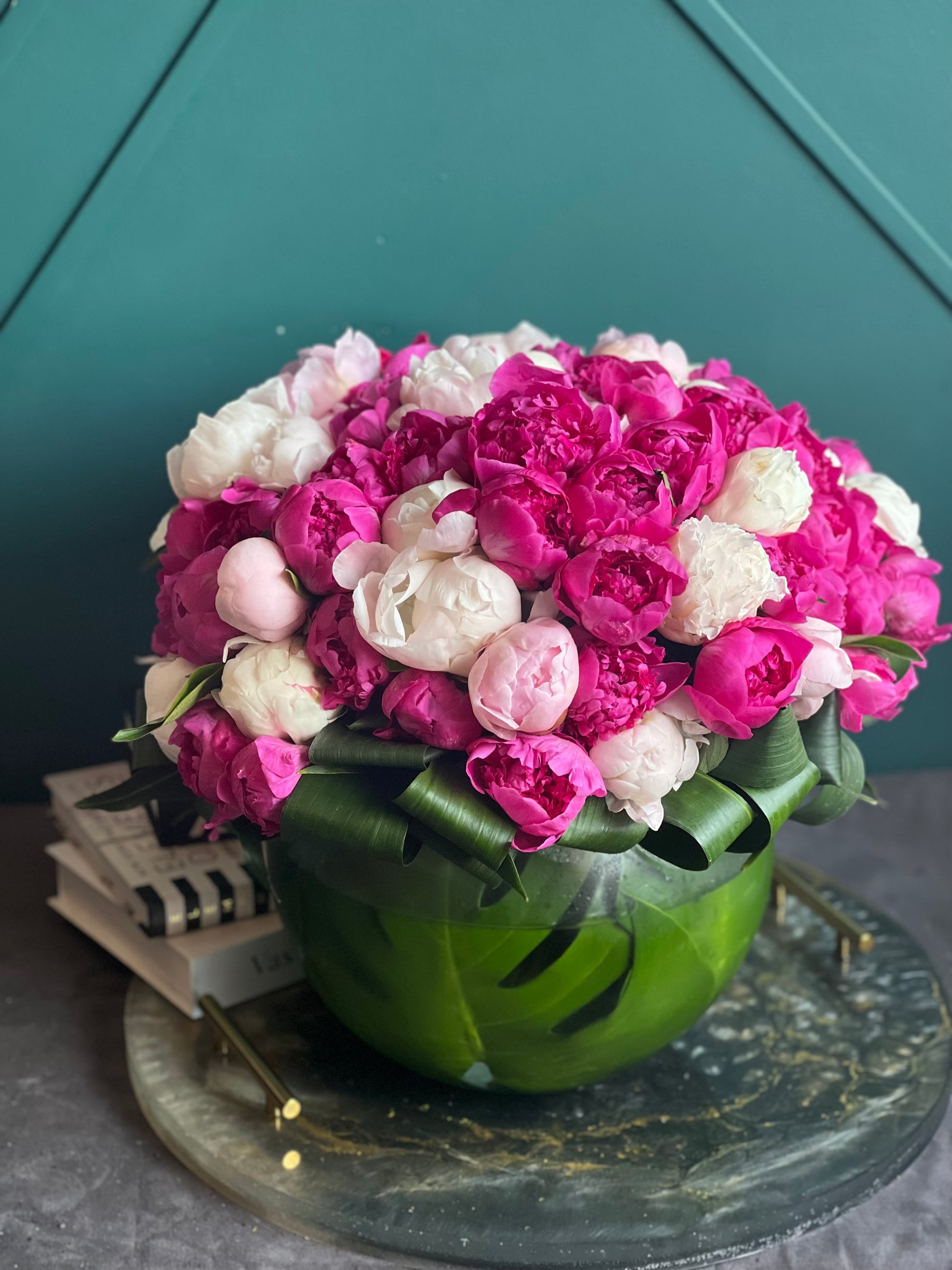 Large assorted peony arrangement with 100 blooms