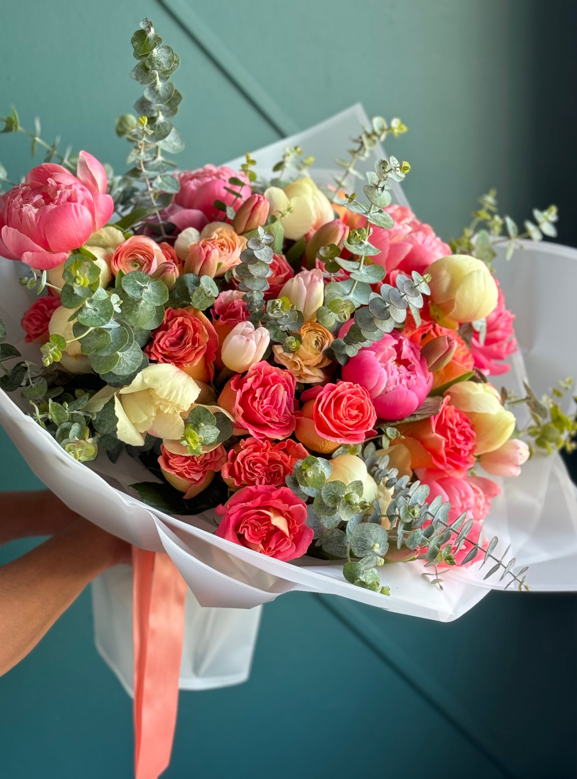 Large colorful flower bouquet with premium seasonal peonies