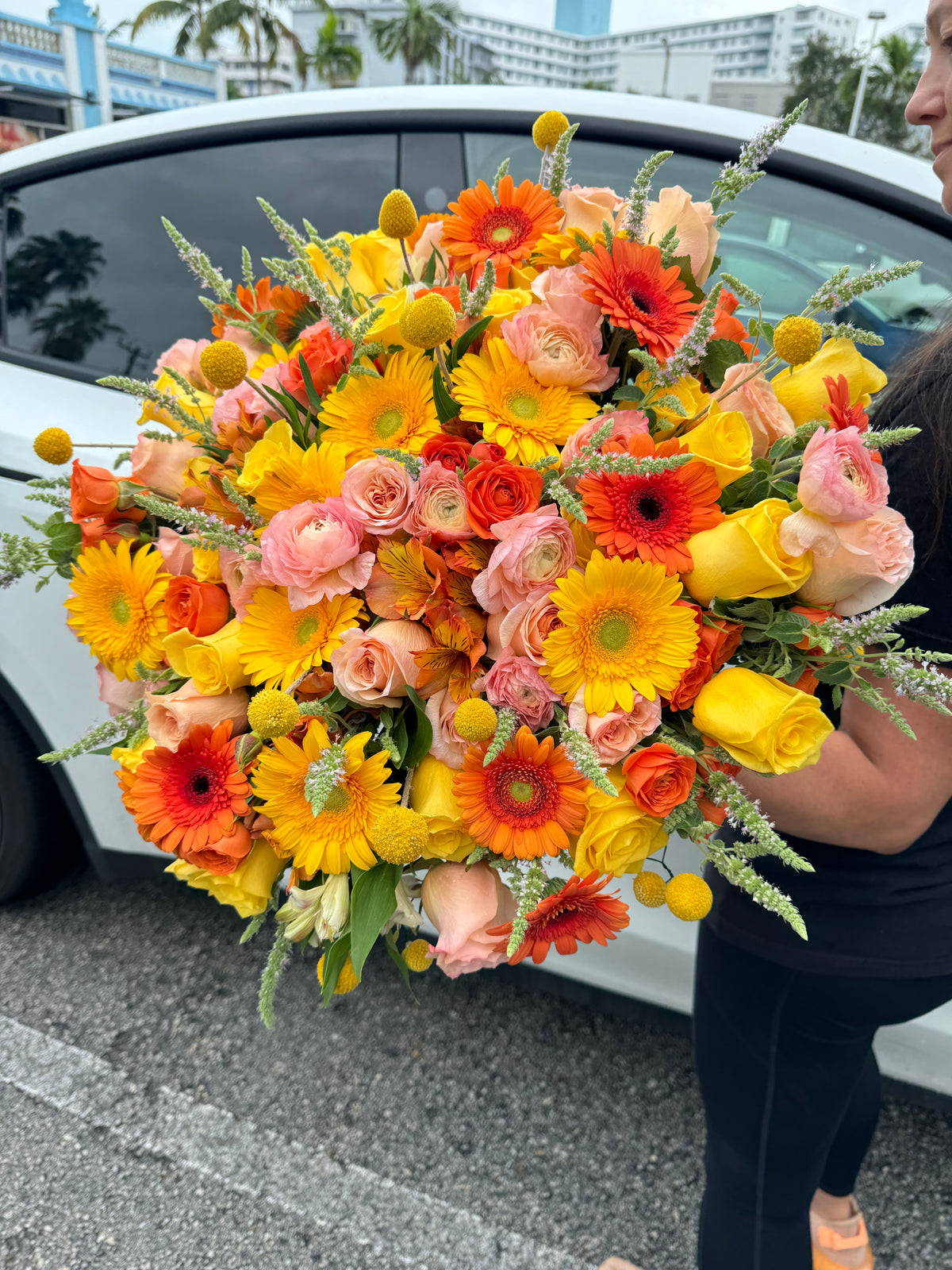 Large colorful flower bouquet with roses and gerbera daisies in Miami Beach