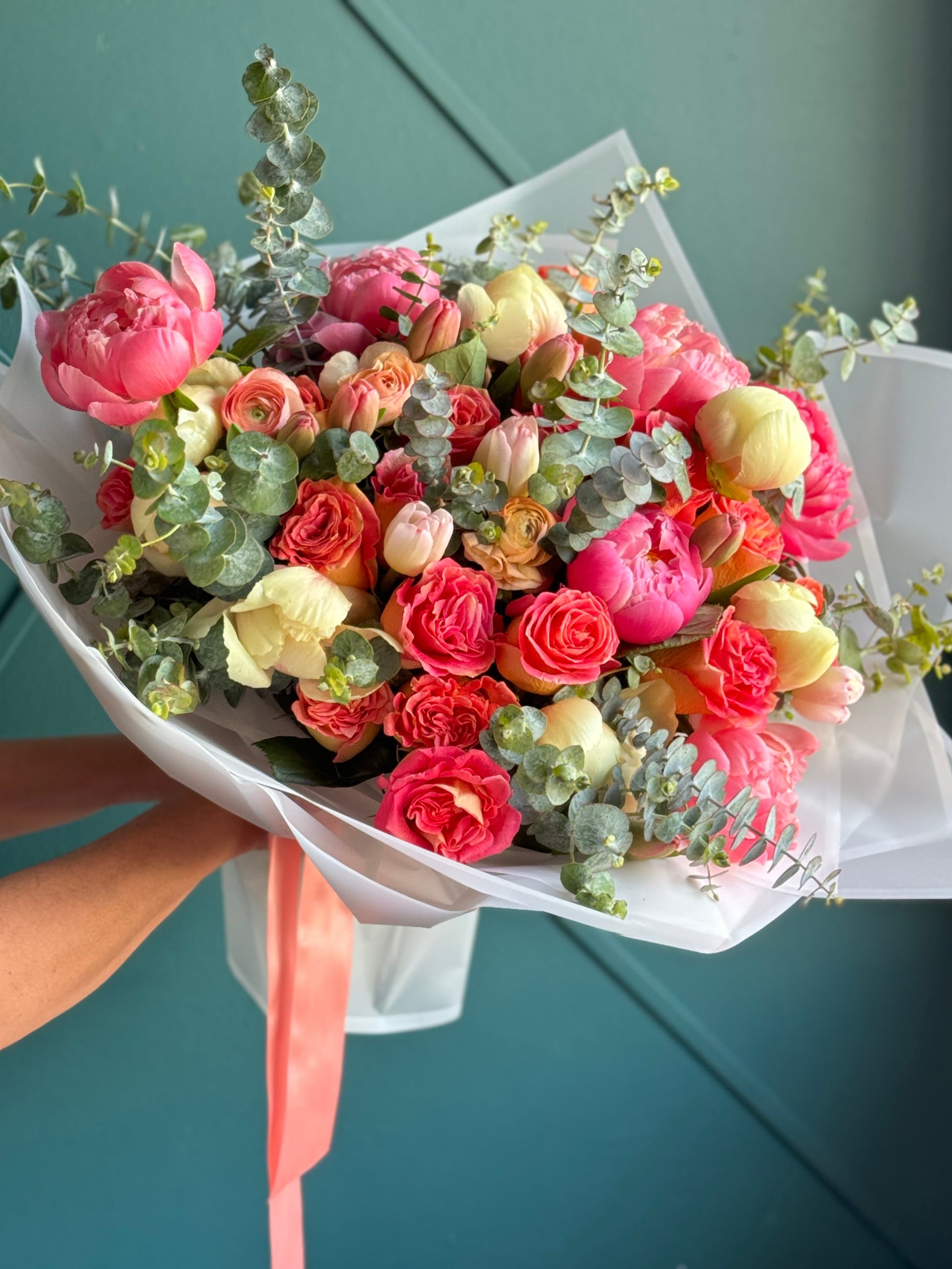 Large garden style bouquet with peonies and eucalyptus