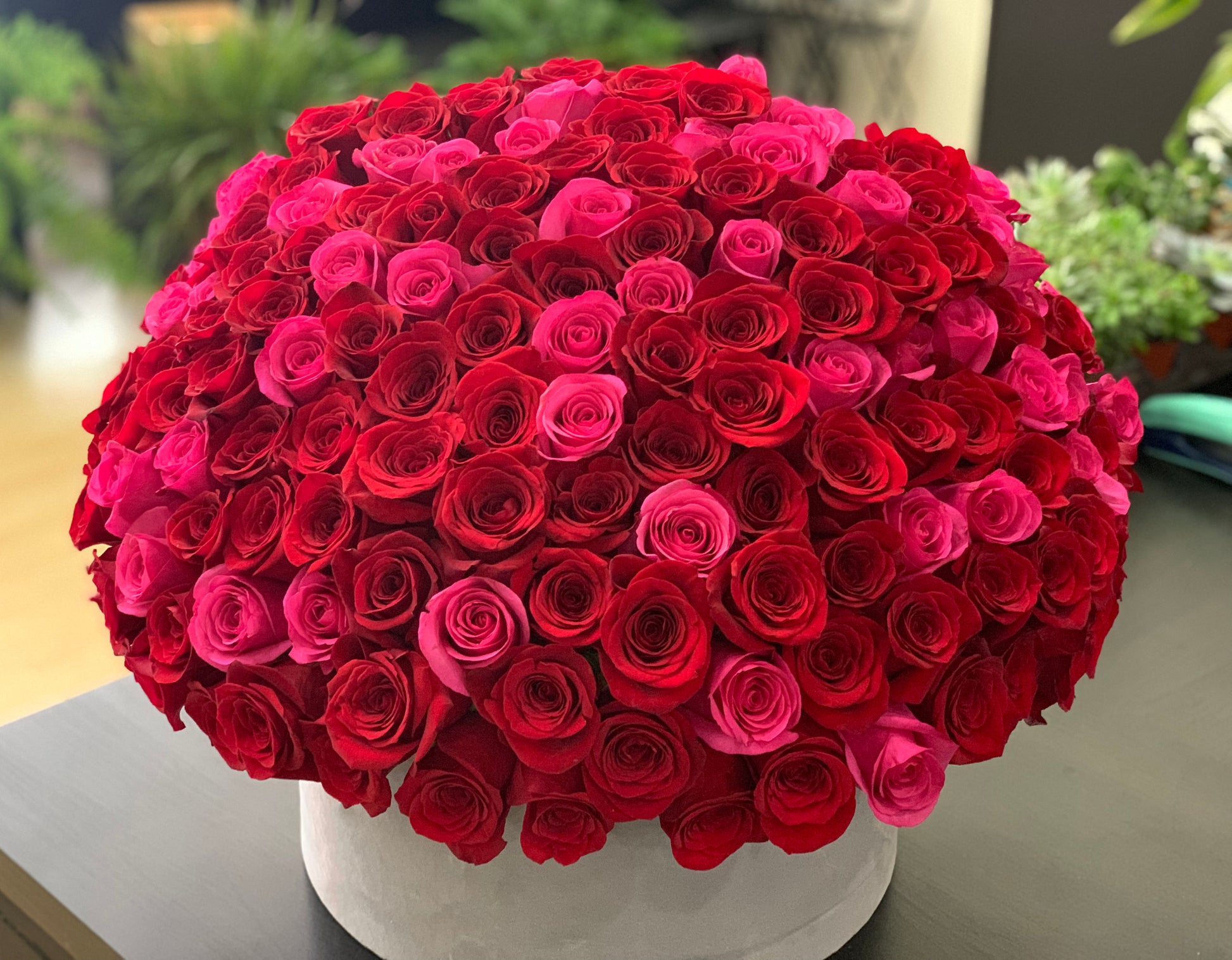 Large red and hot pink rose box for romantic flower delivery
