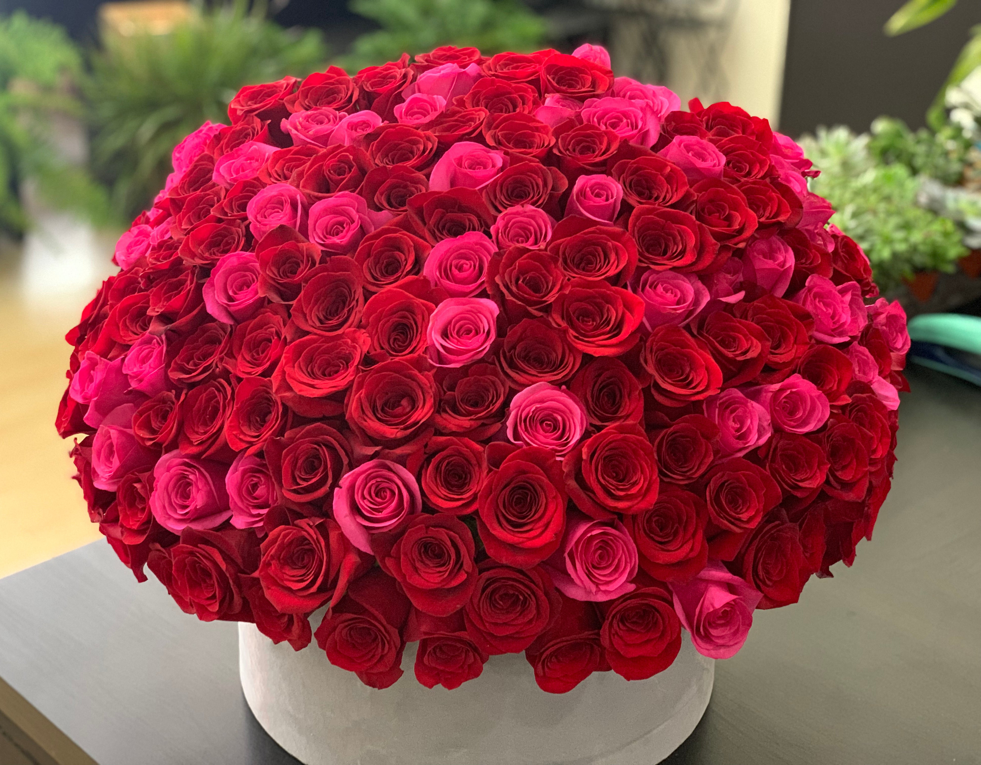 Large red and hot pink rose box for romantic flower delivery