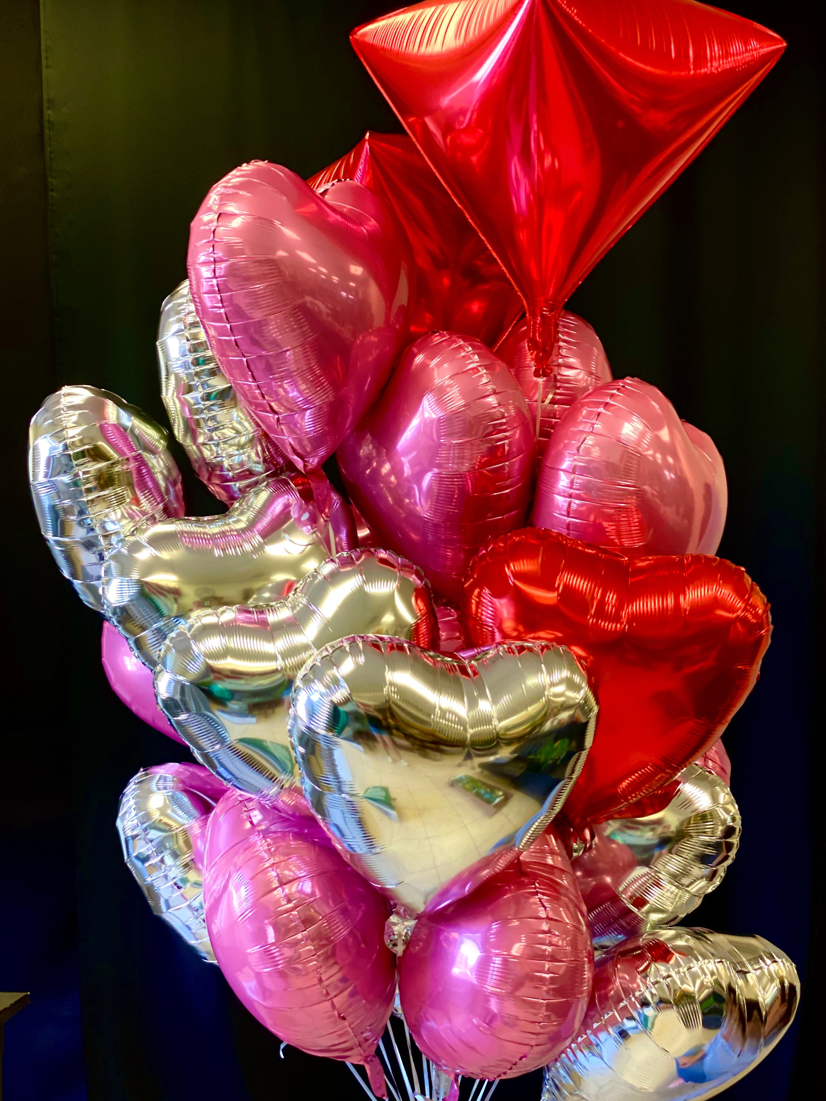 Large red diamond balloon with heart balloons by Luxury Flowers Miami