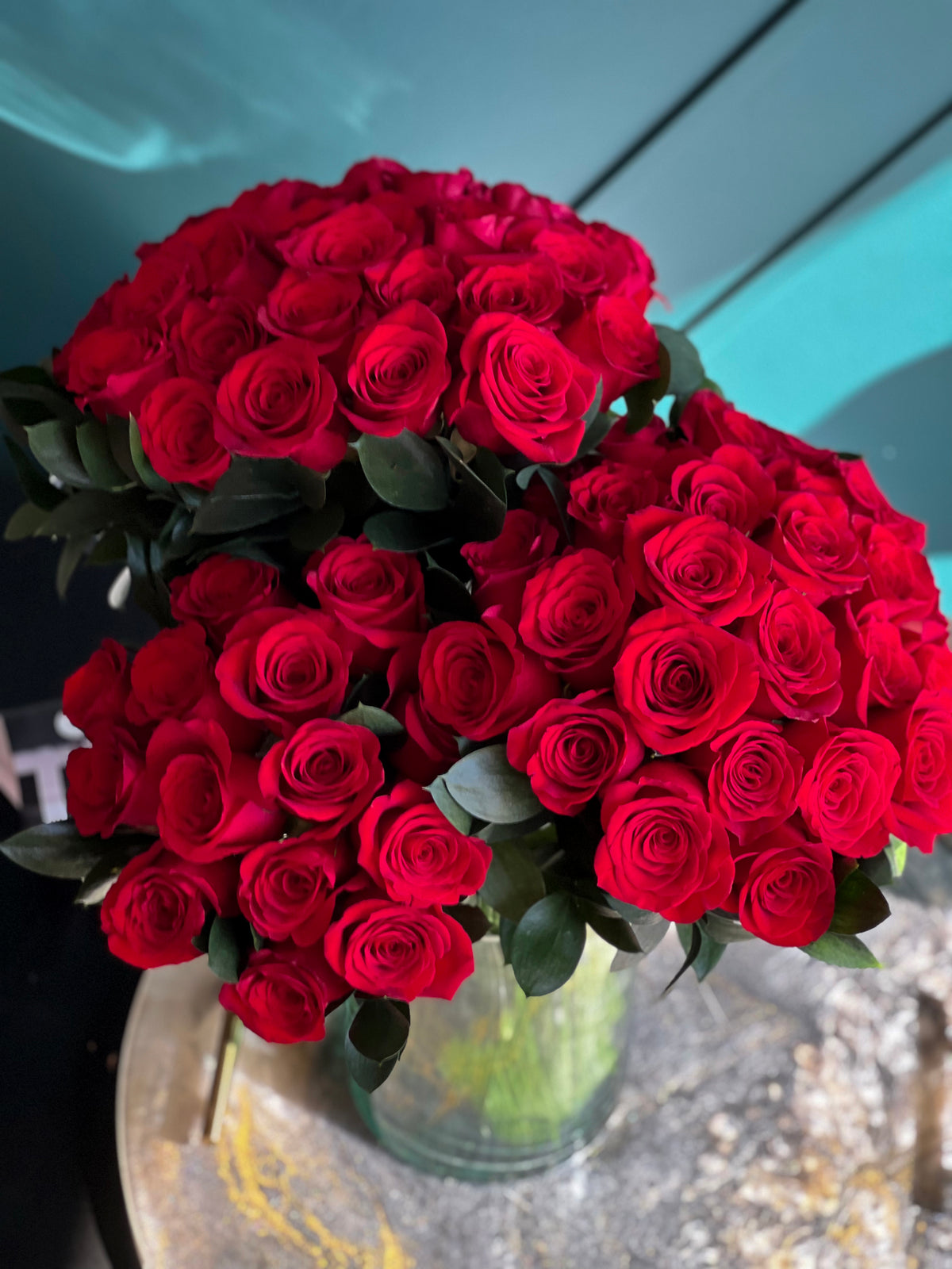 Large red rose centerpiece with 72 fresh roses