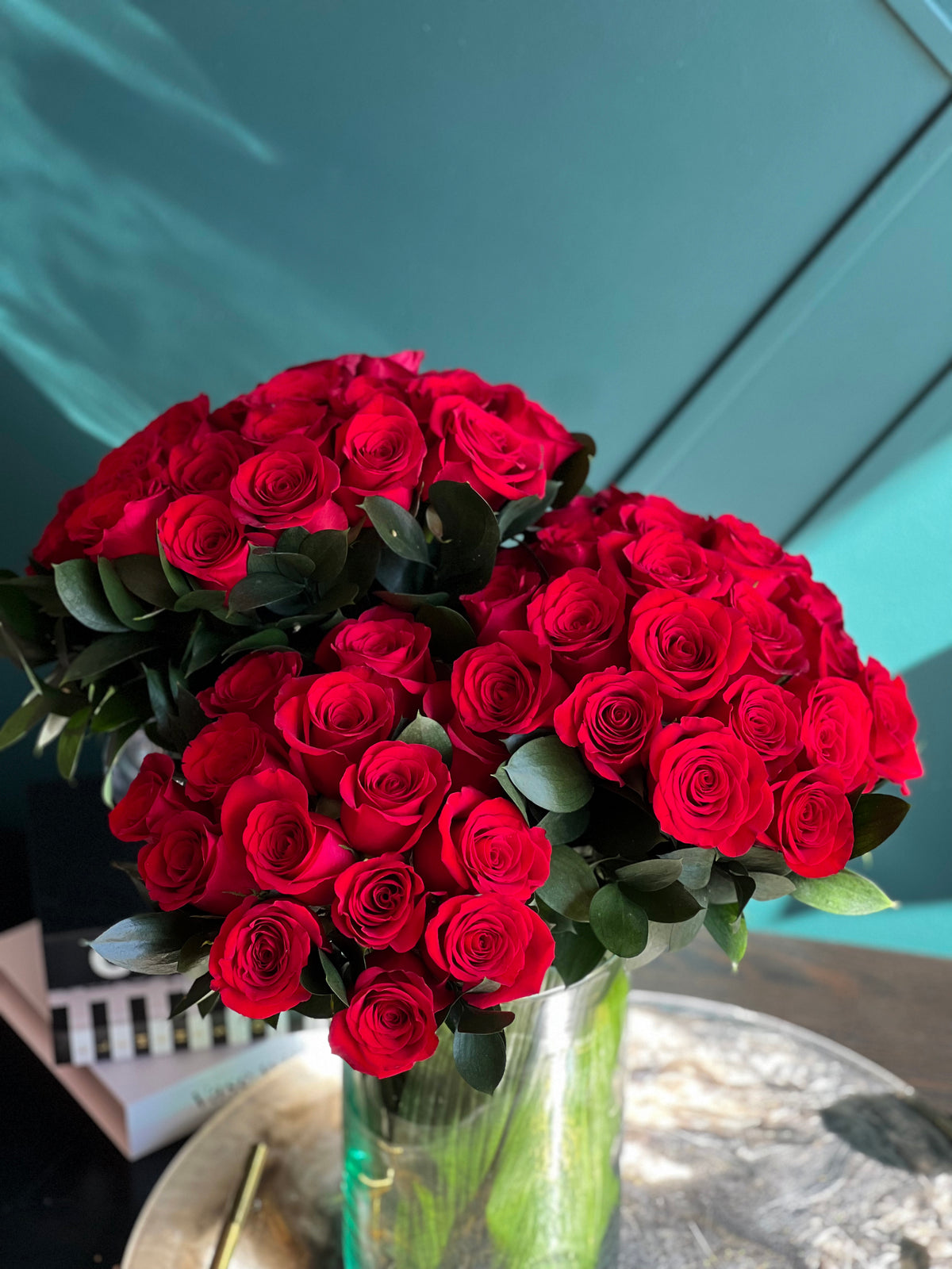 Large red rose vase arrangement for romantic surprise Miami