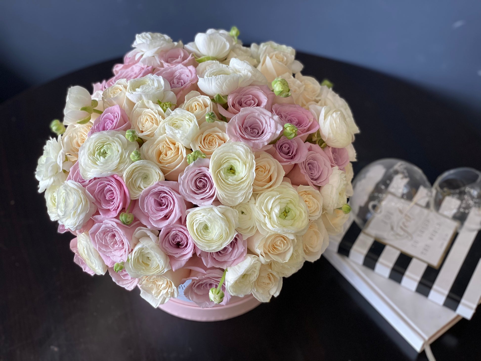 Lavender roses and white ranunculus flower box Miami