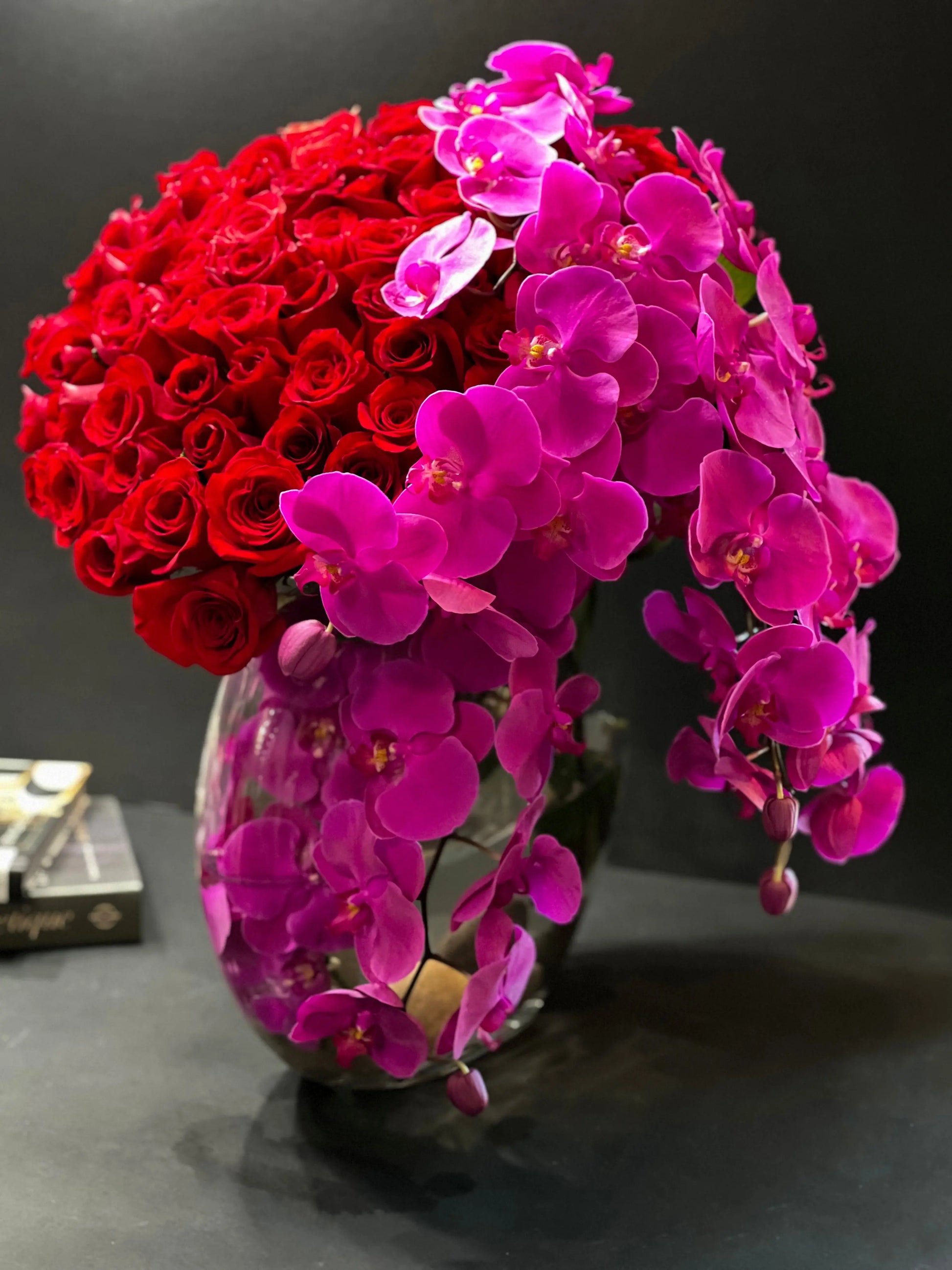Love Waterfall luxury red roses and cascading Phalaenopsis orchids Miami