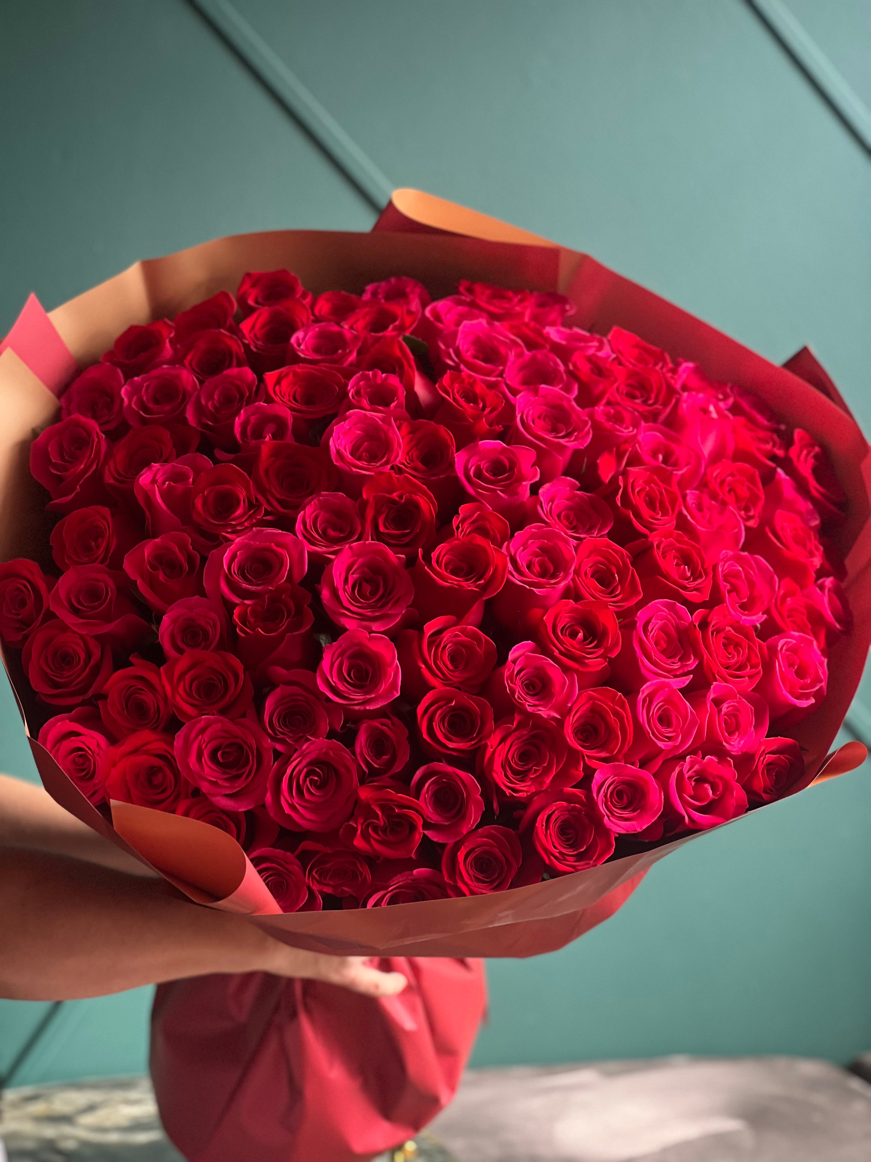 Luxury 100 red and hot pink roses bouquet