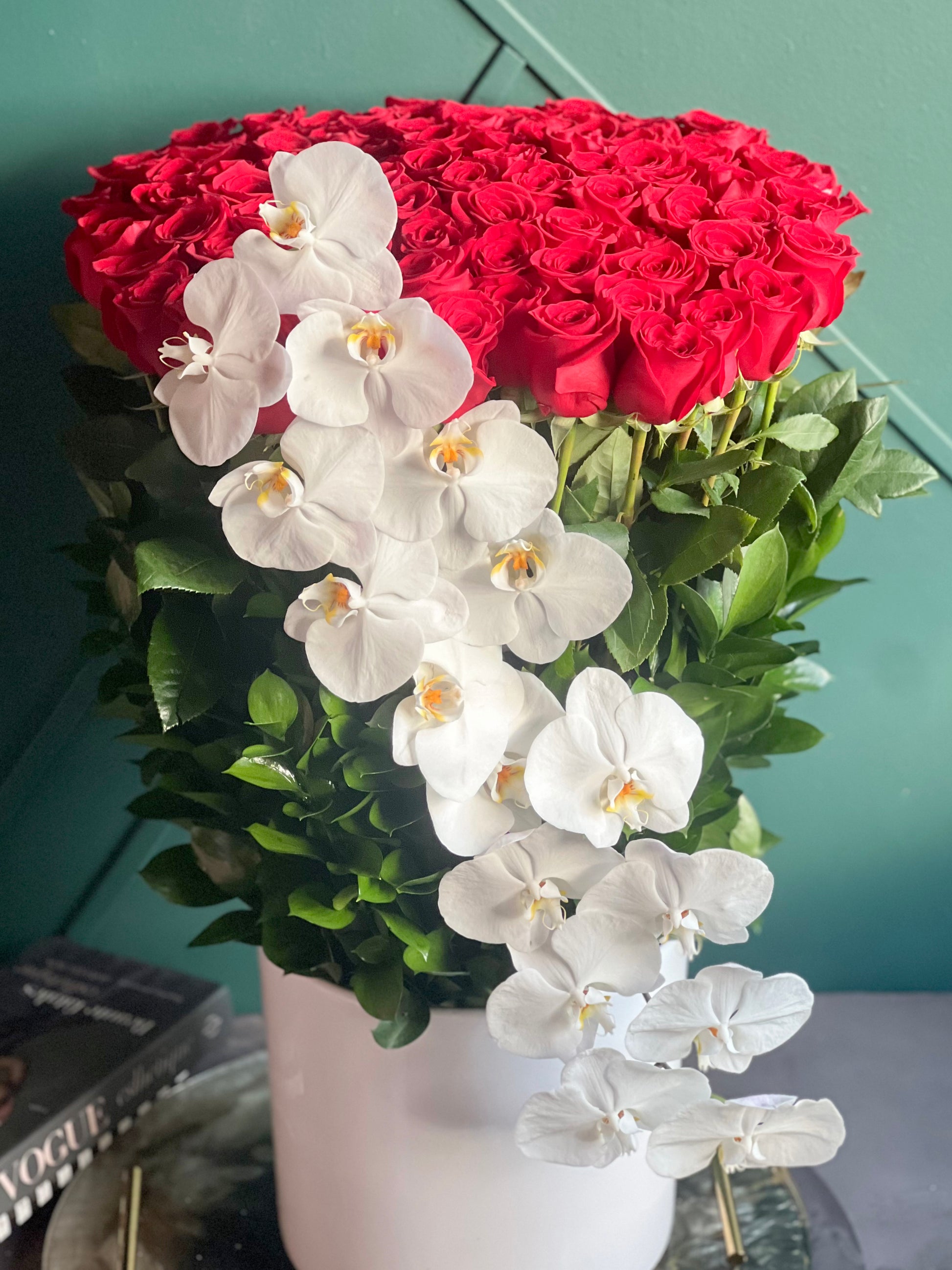 Luxury 100 red roses and white orchids arrangement Miami Beach