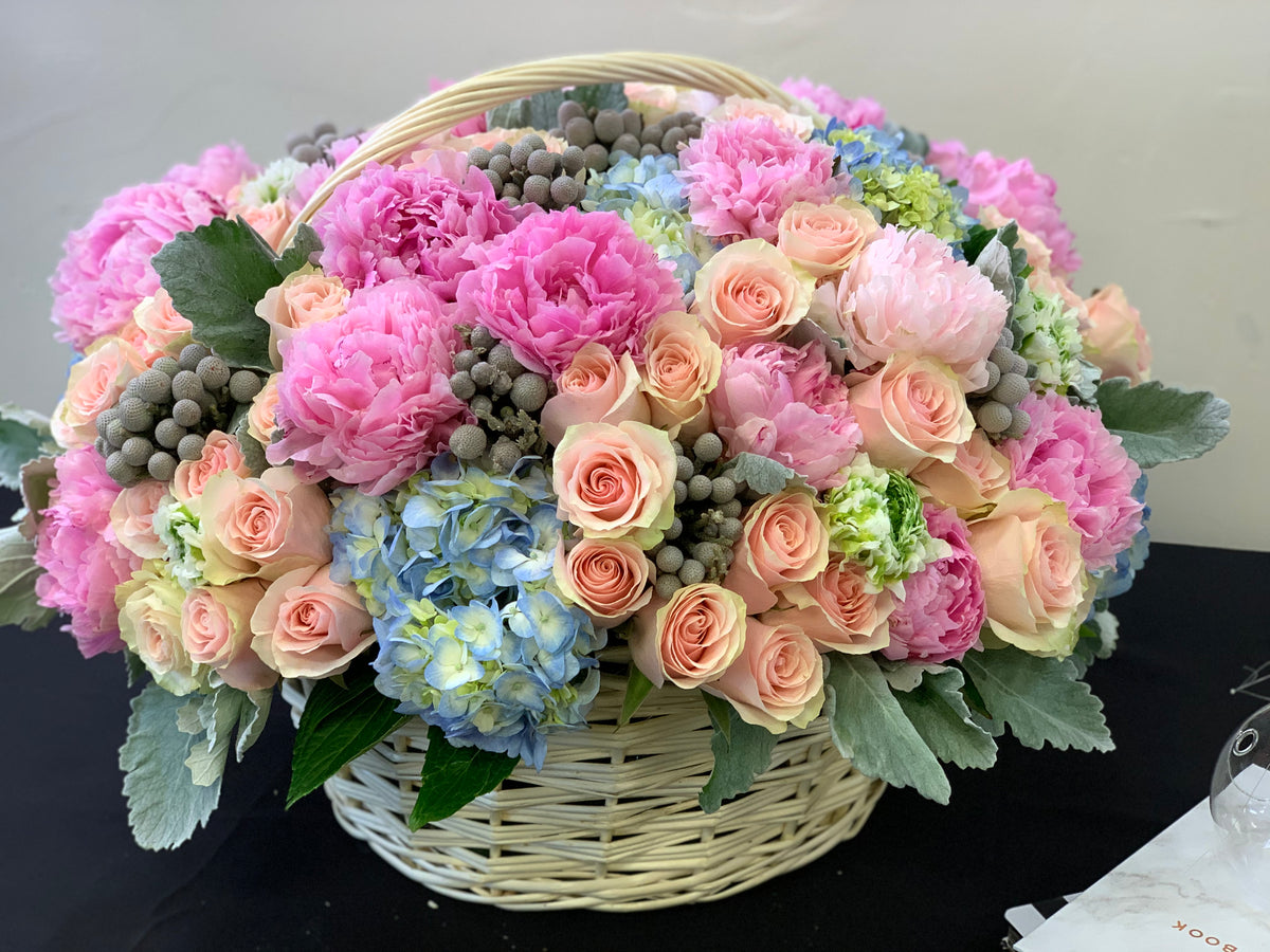 Luxury Flower Basket with pink peonies, blush roses and hydrangeas