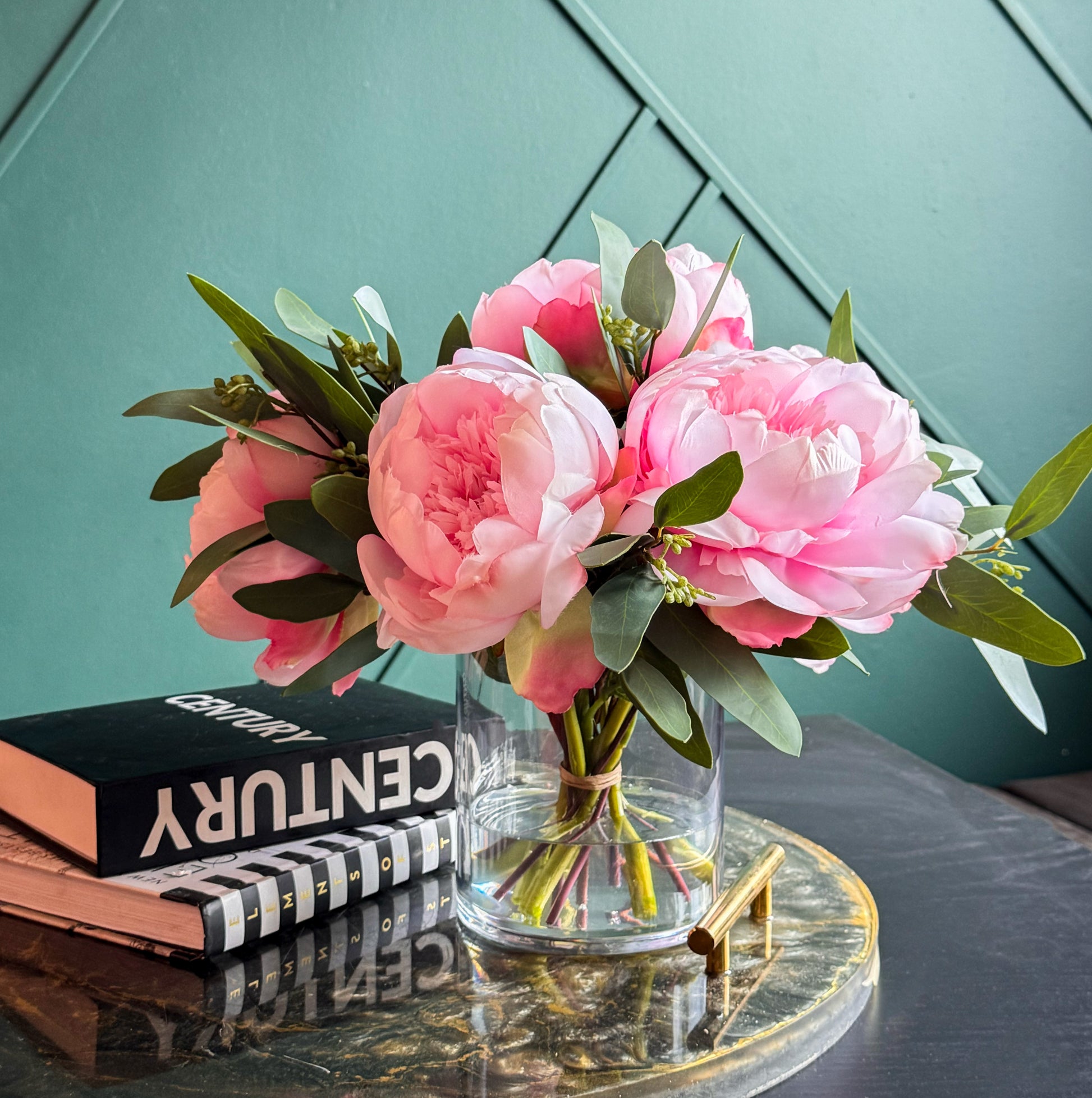 Luxury Flowers Miami handcrafted Real Touch peony arrangement in a decorative glass vase.