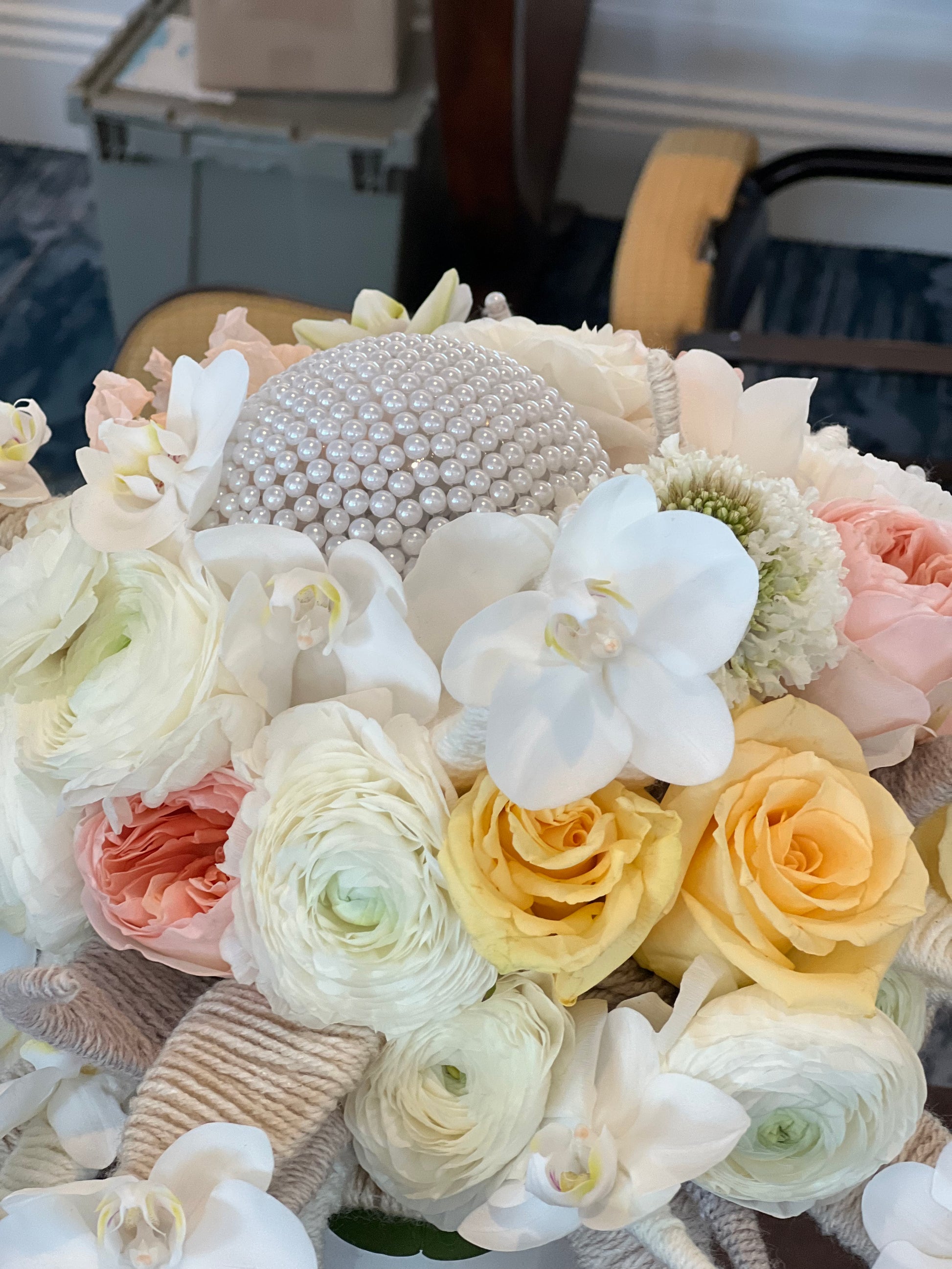 Luxury Miami Beach bridal bouquet with cascading white orchids