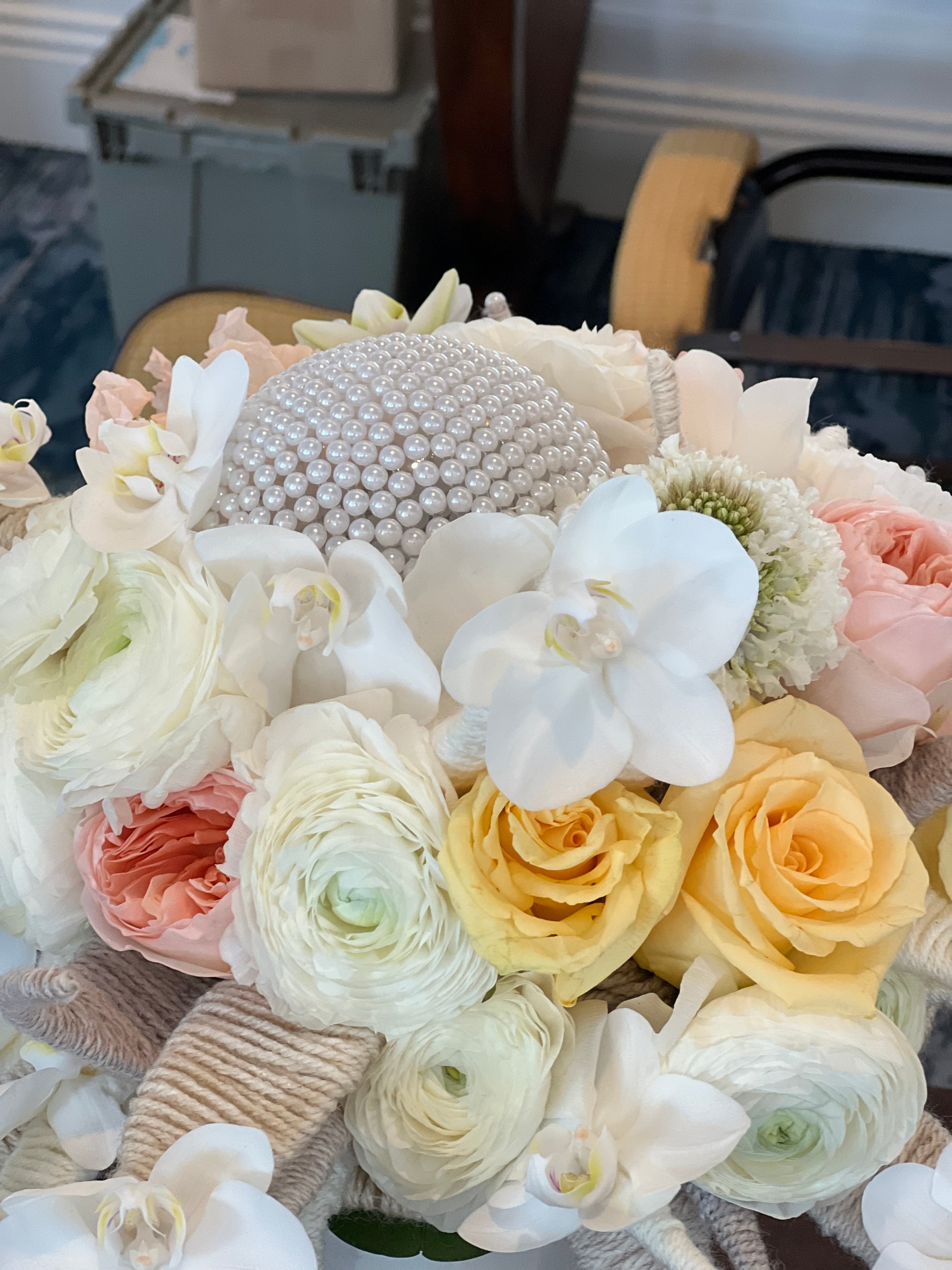 Luxury Miami Beach bridal bouquet with cascading white orchids