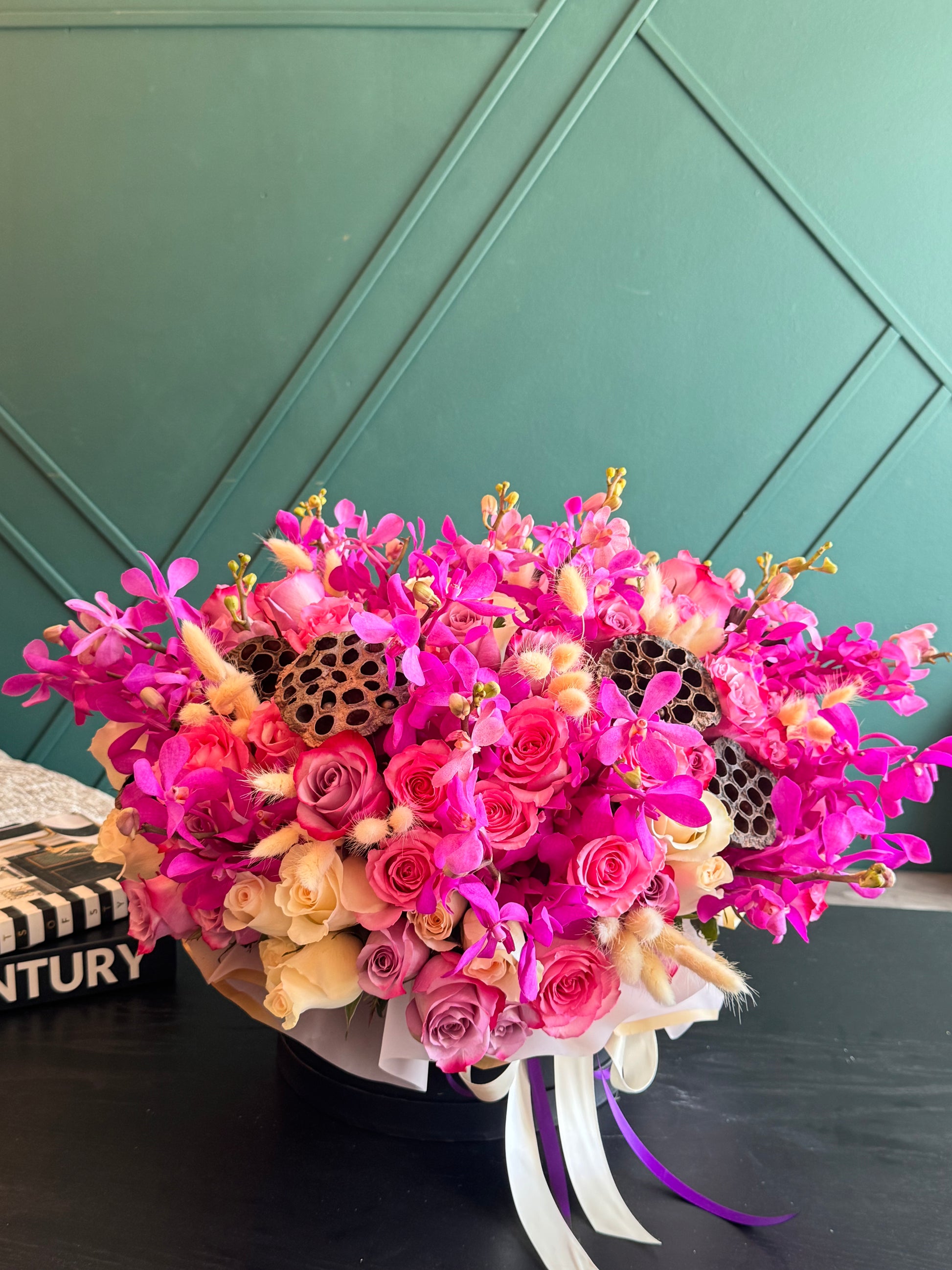 Luxury Mokara orchid flower box with fresh roses