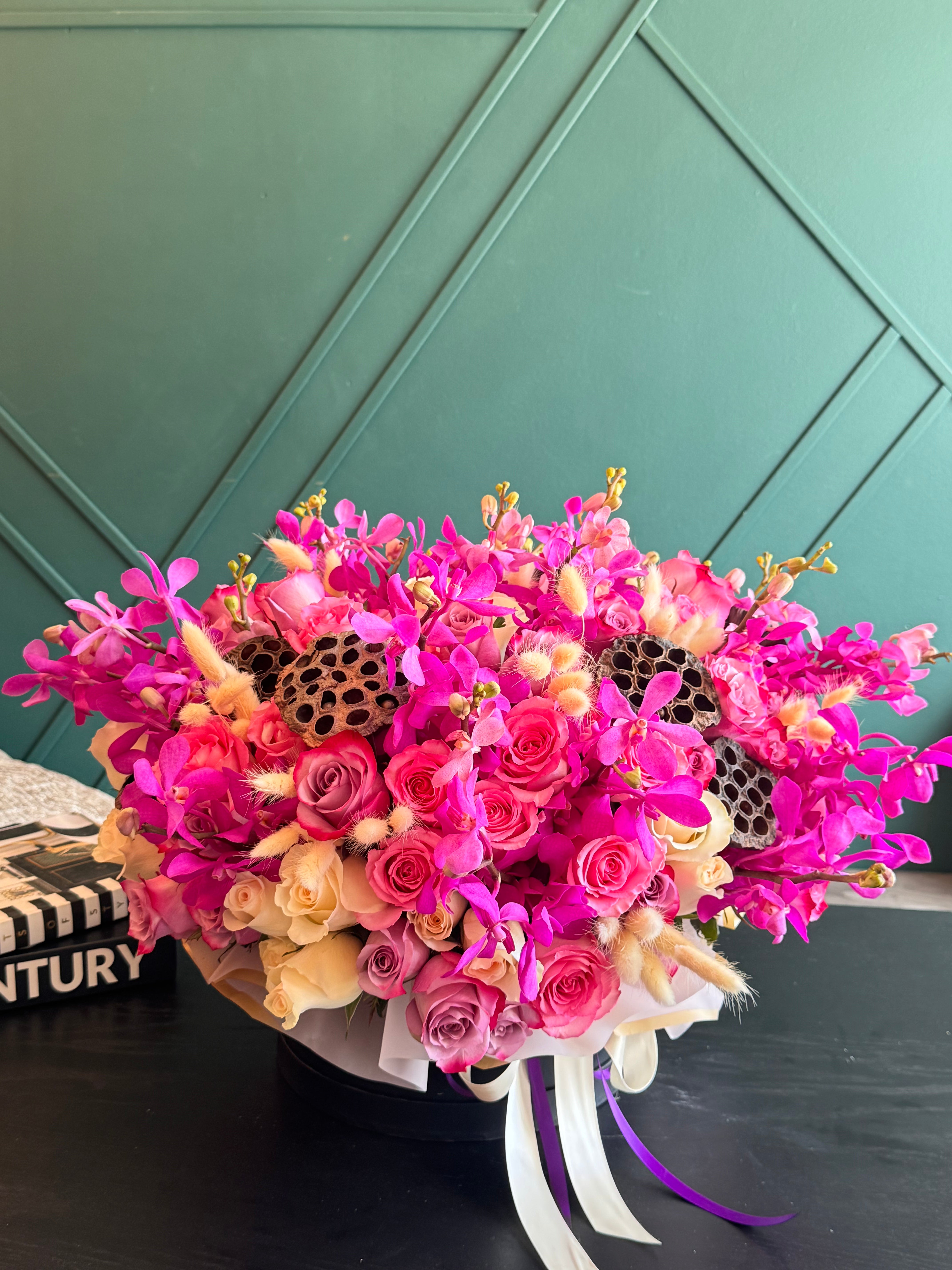 Luxury Mokara orchid flower box with fresh roses
