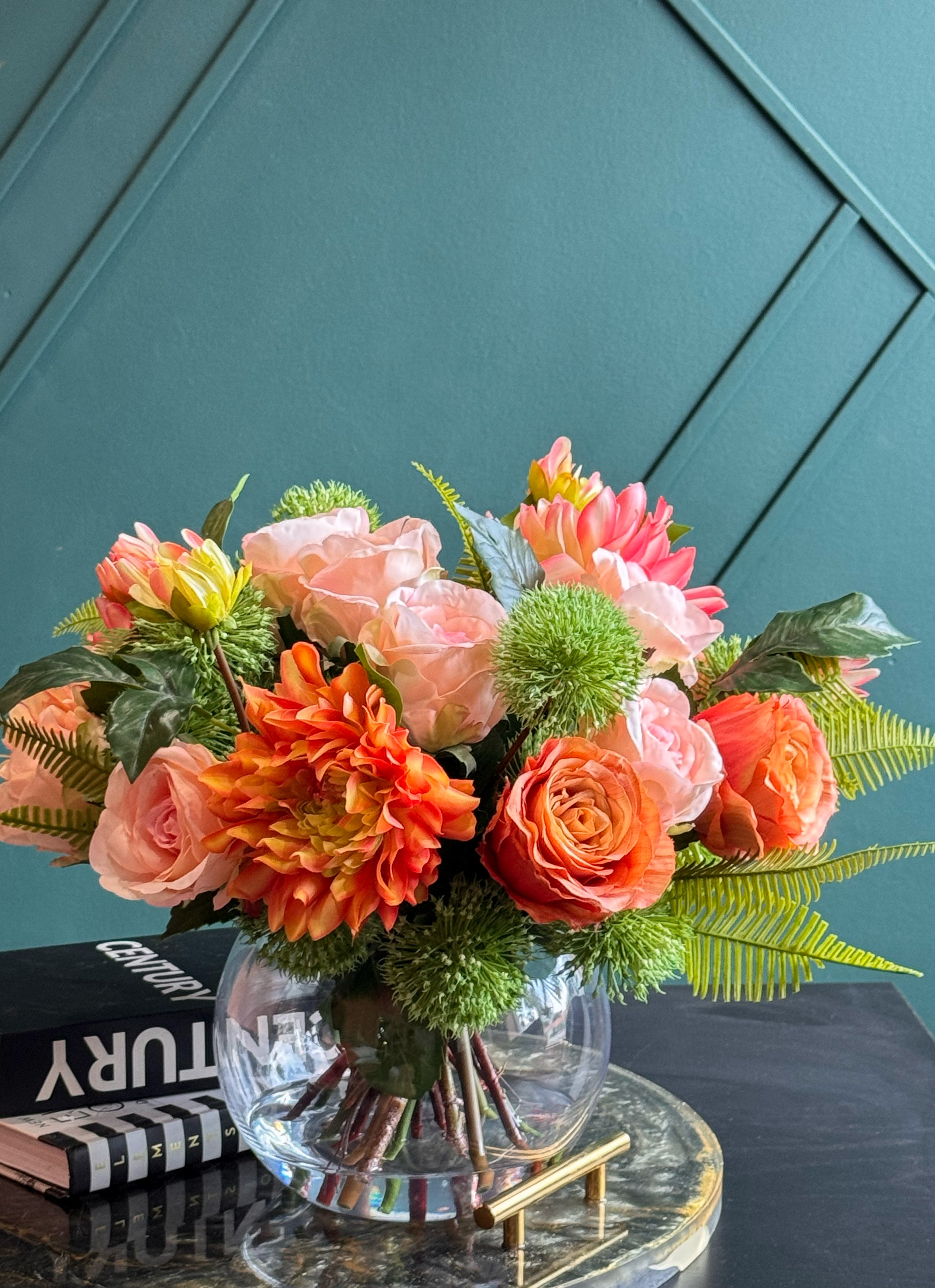Luxury Real Touch pink and coral floral arrangement in a clear glass vase with premium faux flowers.