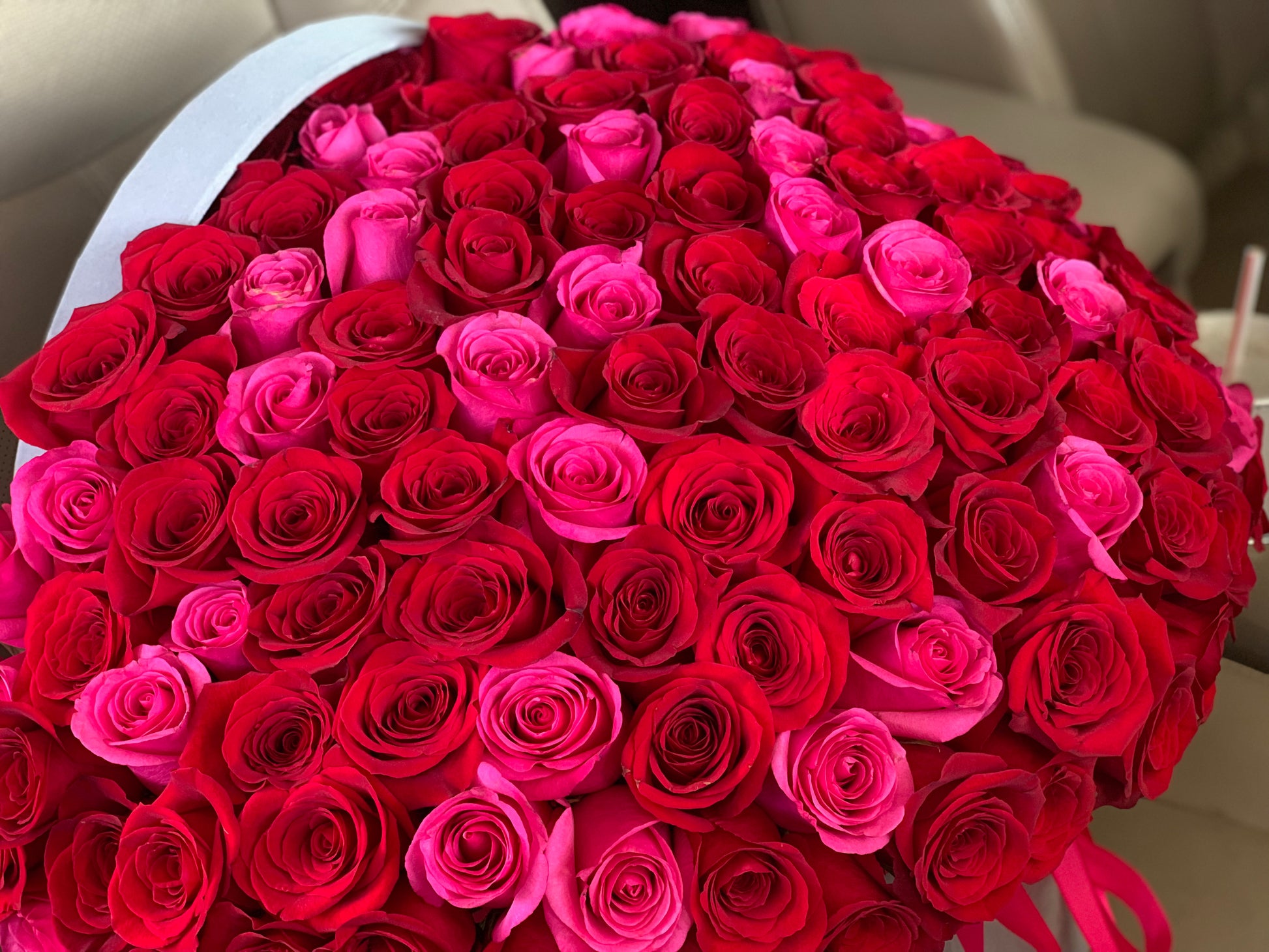 Luxury arrangement of 150 red and hot pink roses