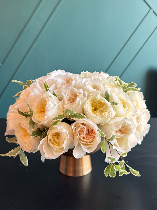 Luxury arrangement of 36 garden roses in soft cream and blush tones by Luxury Flowers Miami