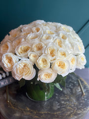 Luxury arrangement of 50 premium garden roses in soft ivory tones by Luxury Flowers Miami