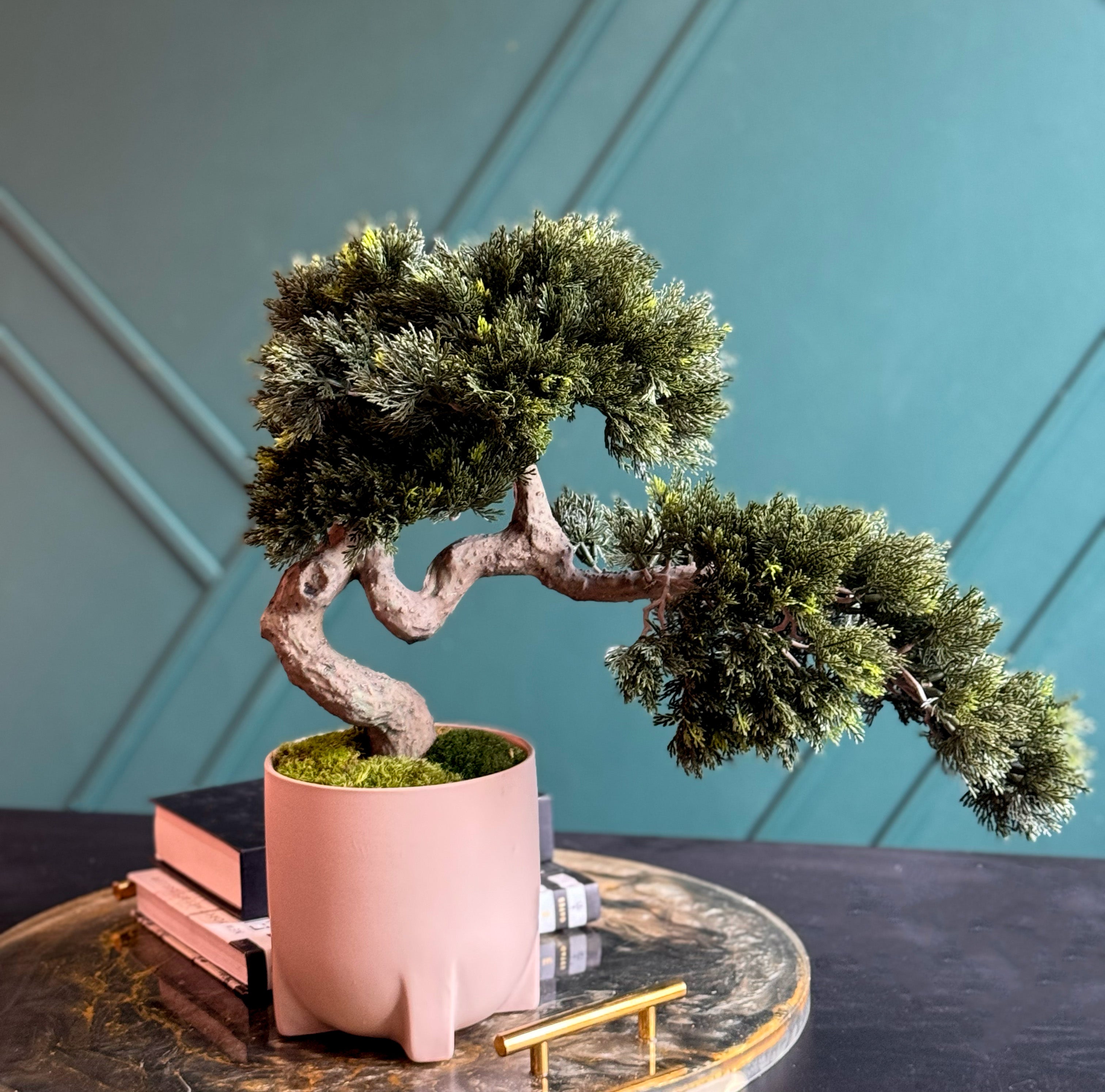 Luxury artificial bonsai tree in a modern pink cement planter.