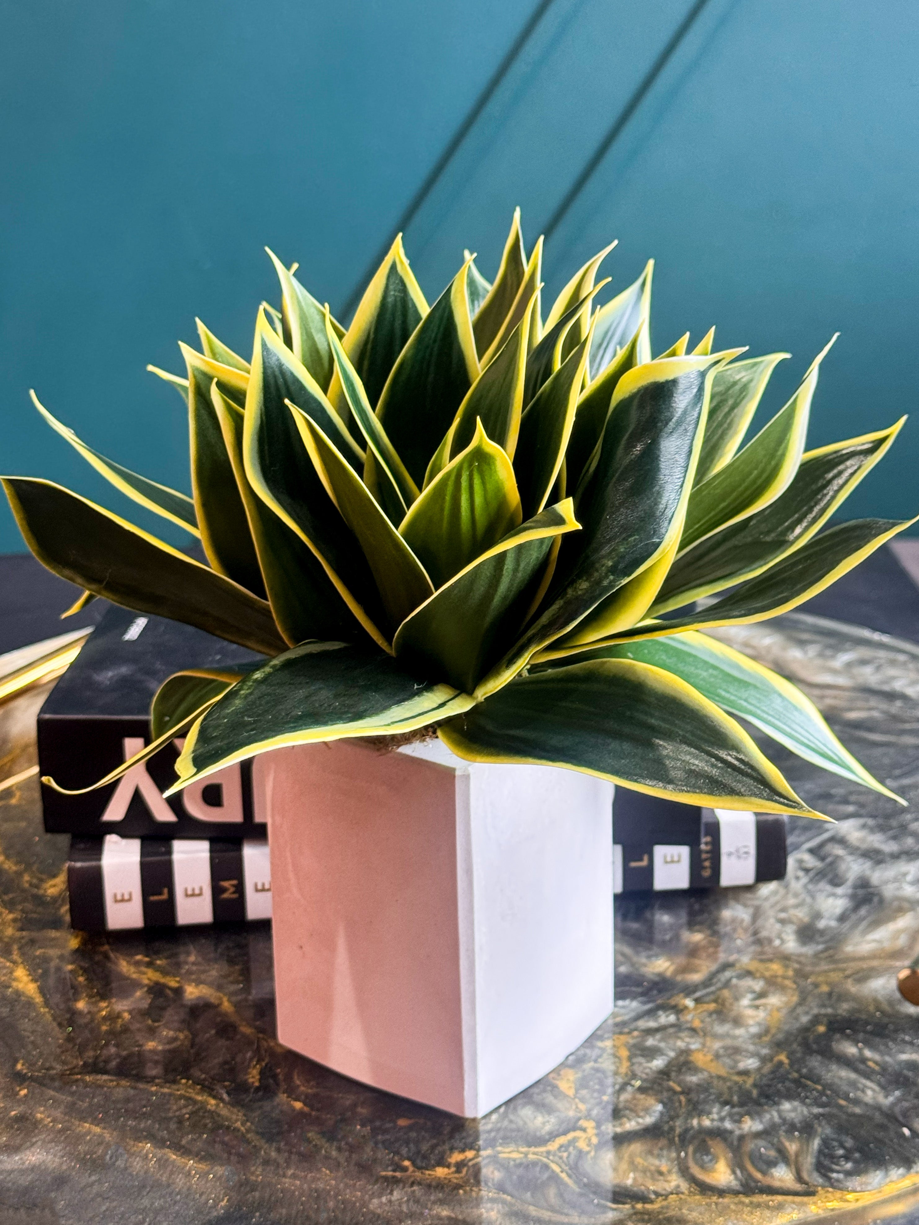 Luxury artificial snake plant in a modern cement planter.