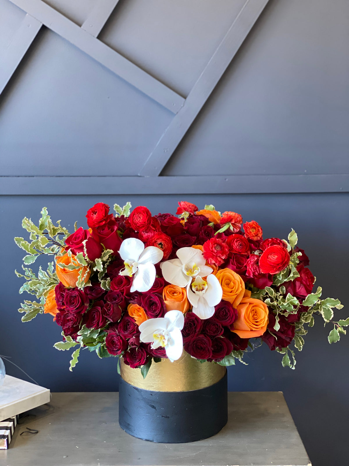 Luxury autumn flowers in round box by Luxury Flowers Miami