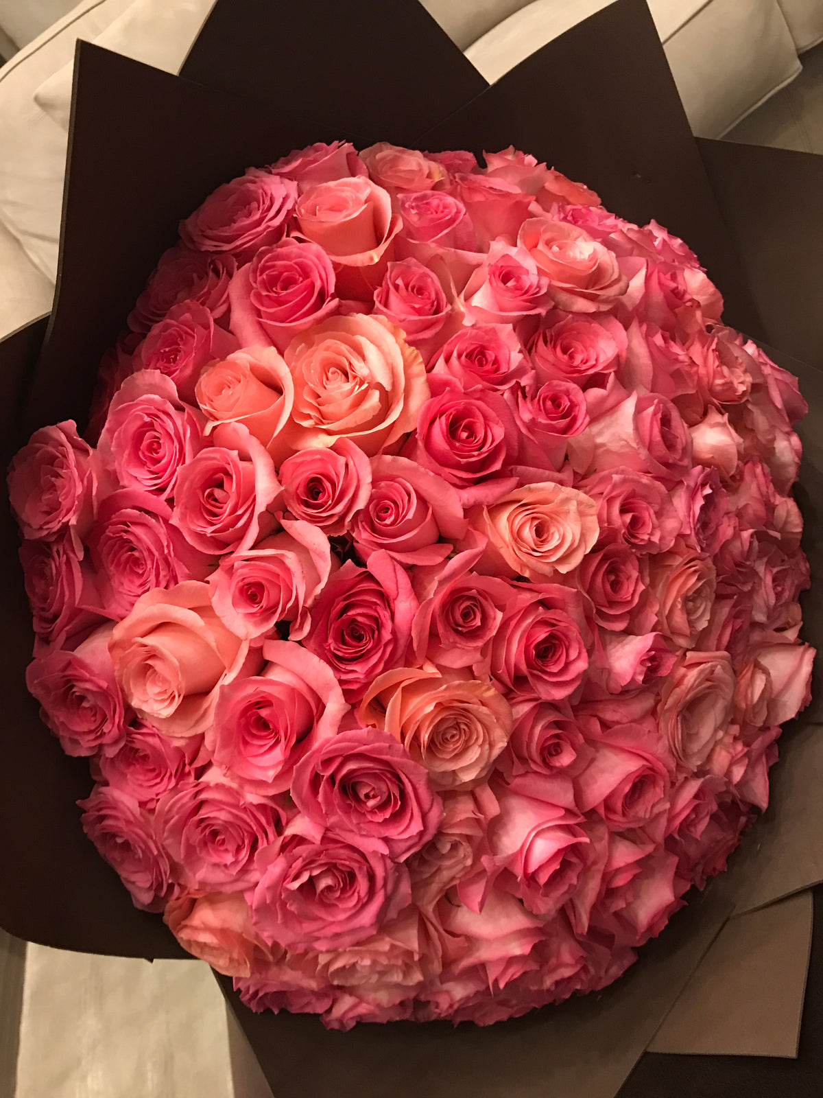 Luxury bouquet of 150 Hermosa and Shimmer roses in pink and peach