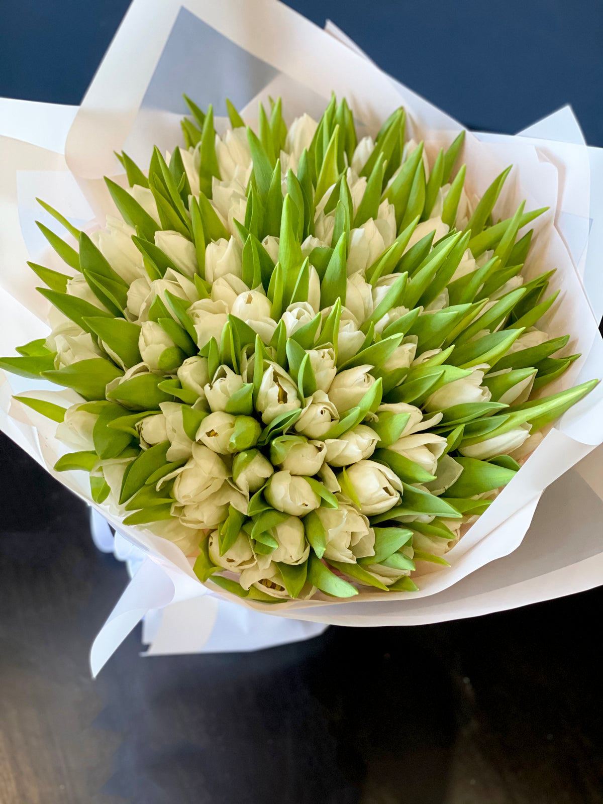 Luxury bouquet of 150 fresh white tulips
