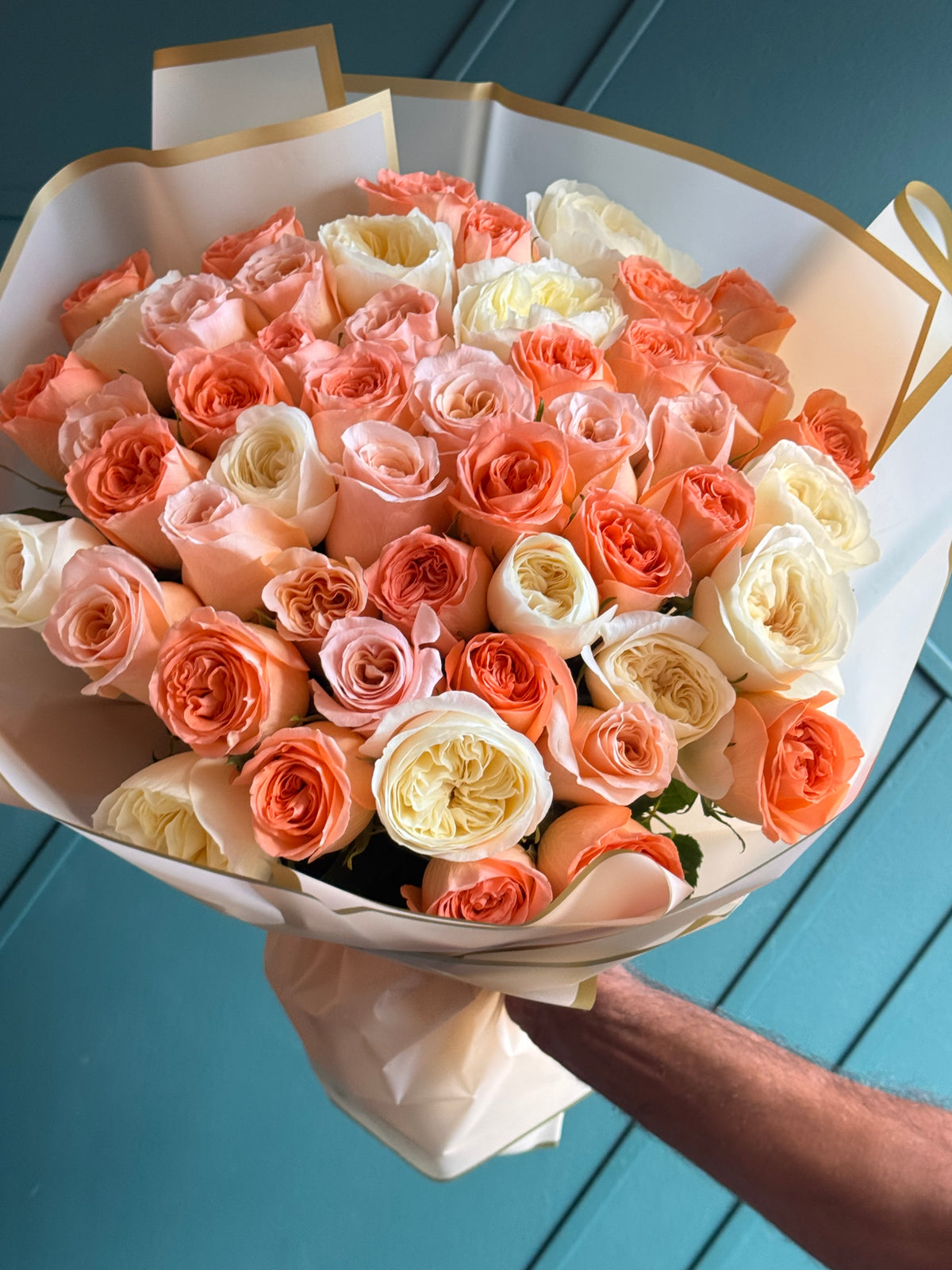 Luxury bouquet of 50 assorted peach cream and white roses