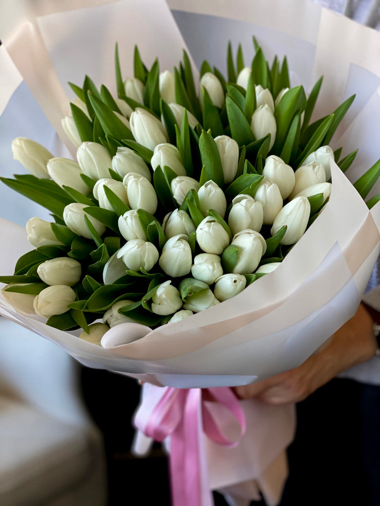 Luxury bouquet of 50 fresh white tulips
