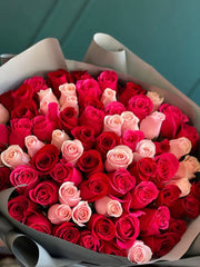 Luxury bouquet of 75 assorted red light pink and hot pink roses by Luxury Flowers Miami
