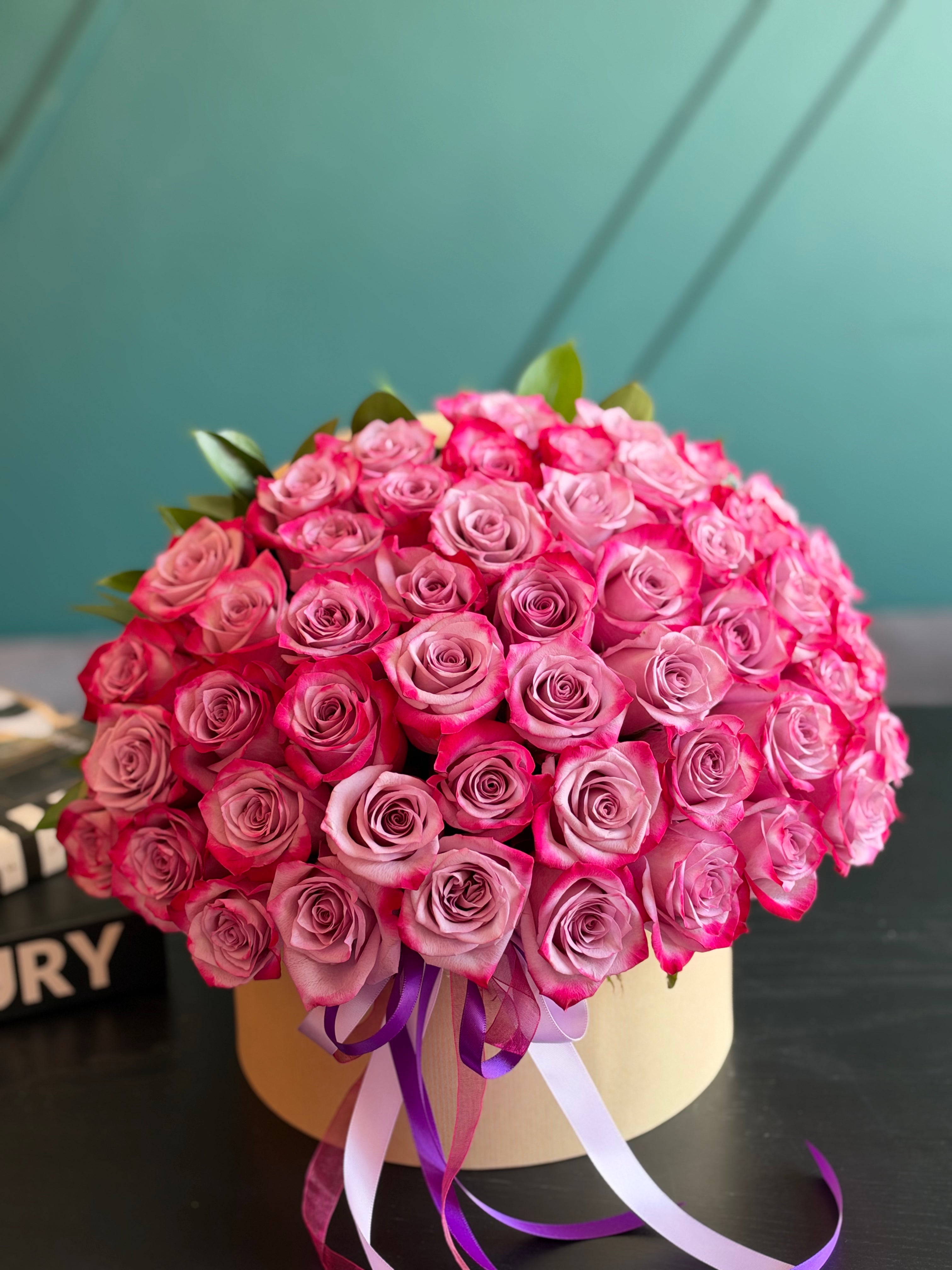 Luxury box of 50 purple roses in Miami Beach