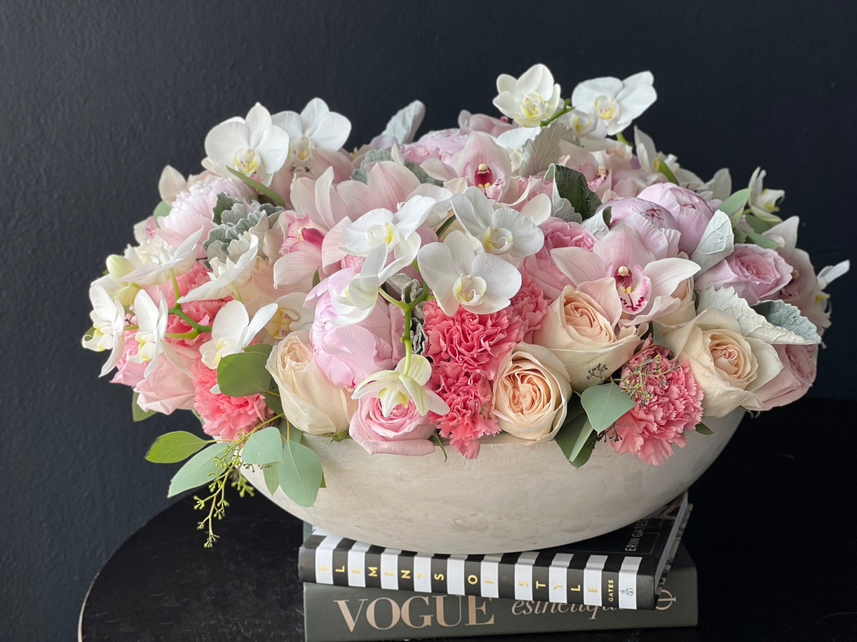 Luxury cement bowl arrangement with peonies and roses