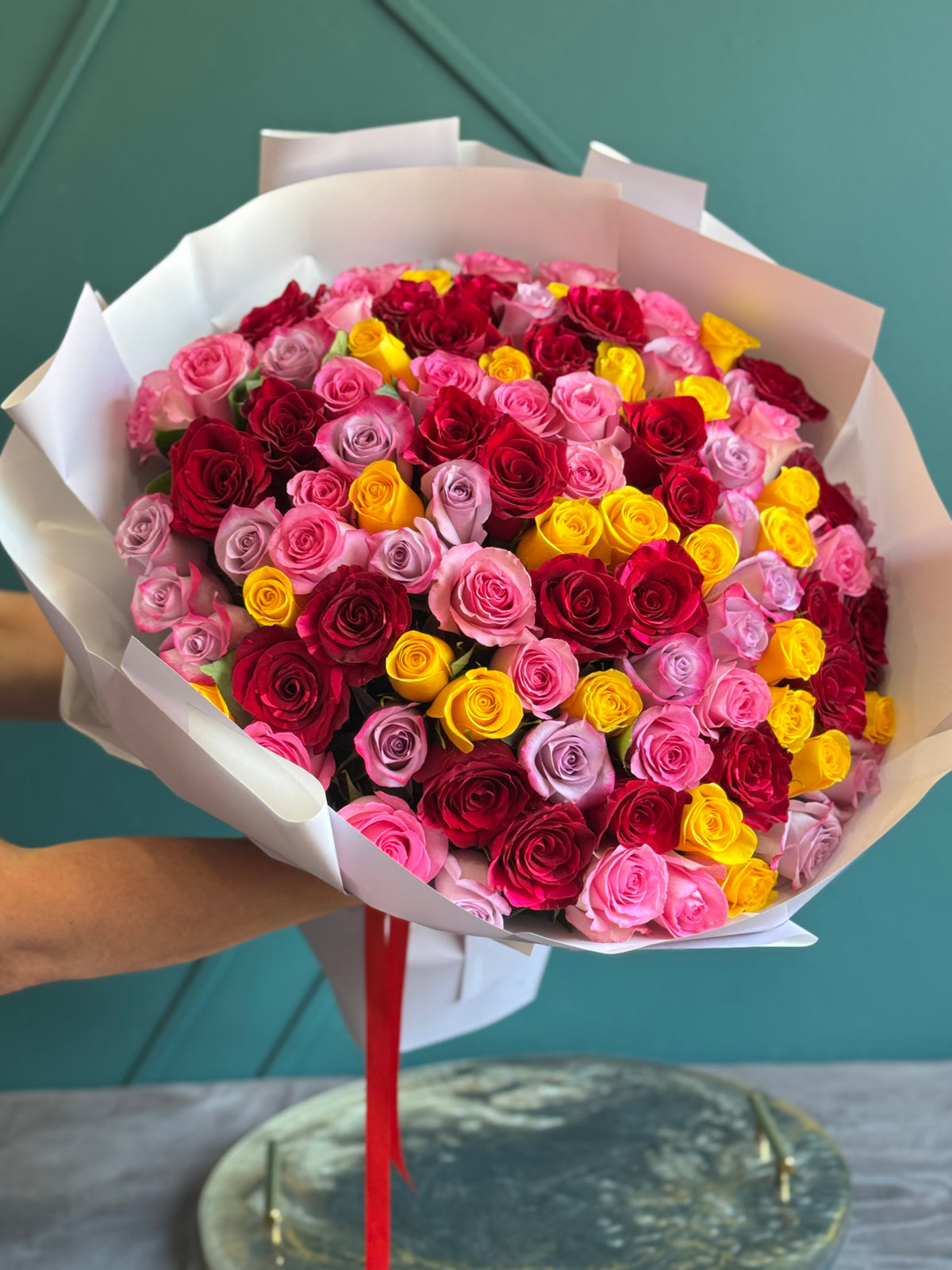 Luxury colorful rose bouquet with 100 fresh roses
