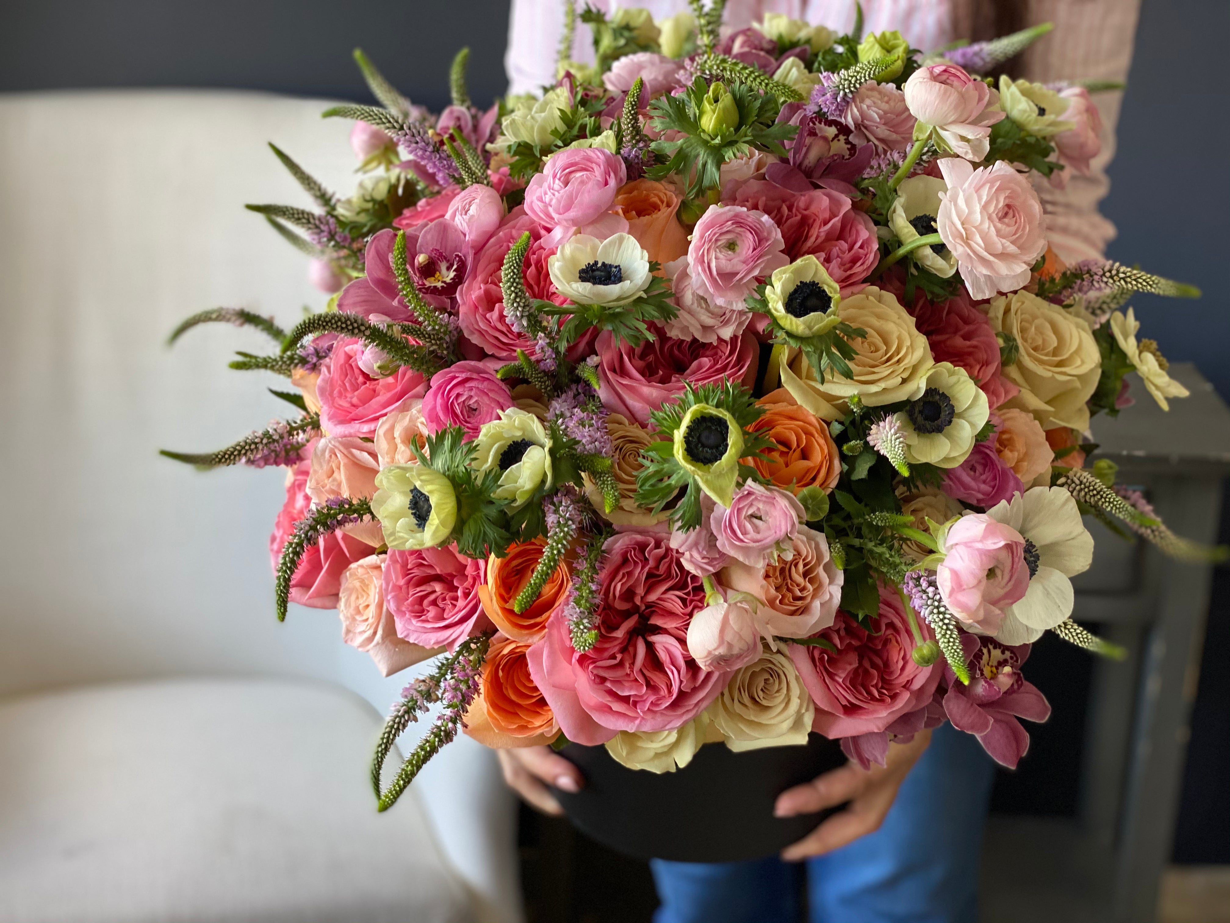 Luxury designer flower box with roses and mixed seasonal blooms