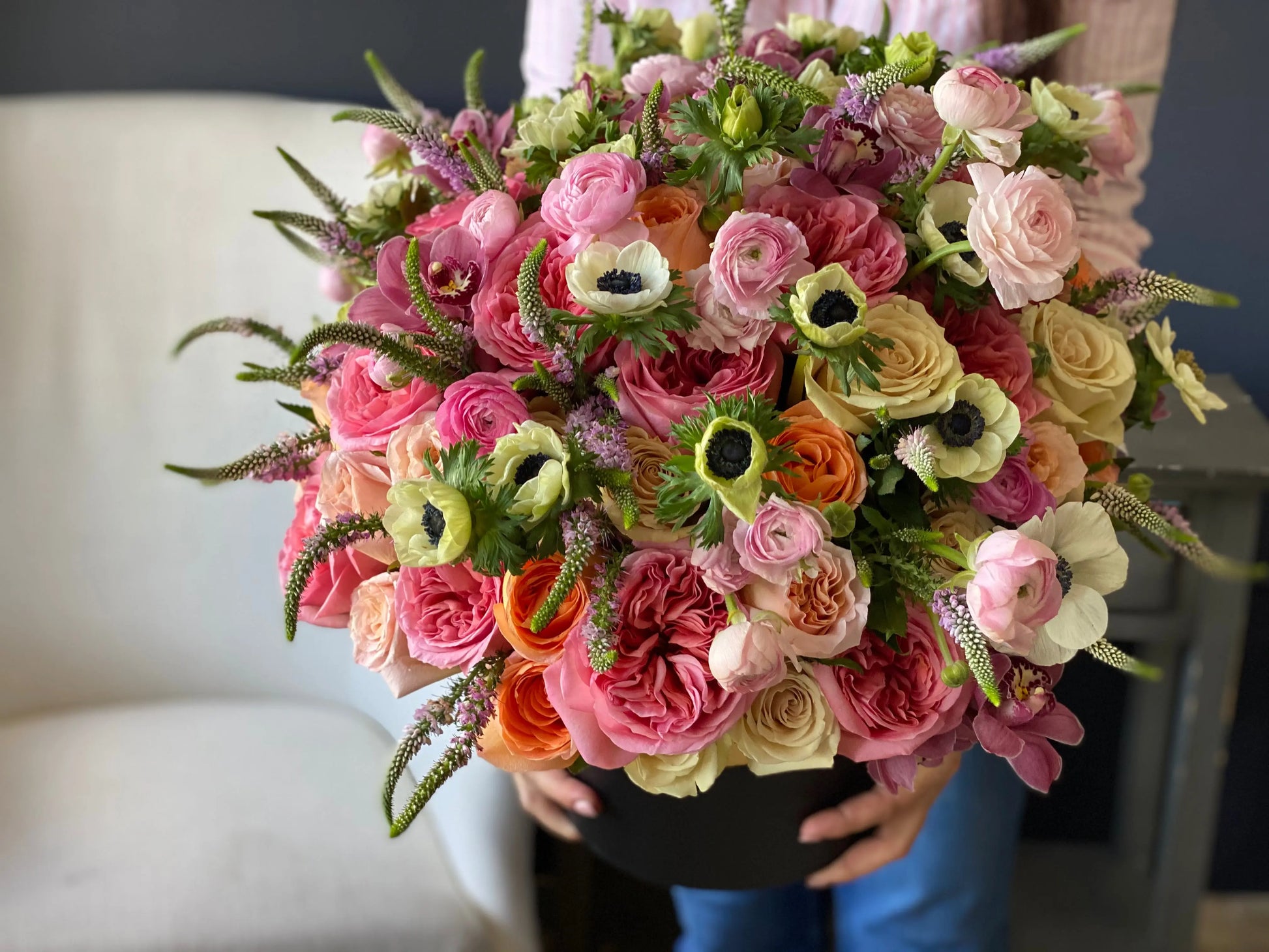 Luxury designer flower box with roses and mixed seasonal blooms