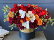 Luxury fall flower box arrangement with roses and orchids in Miami