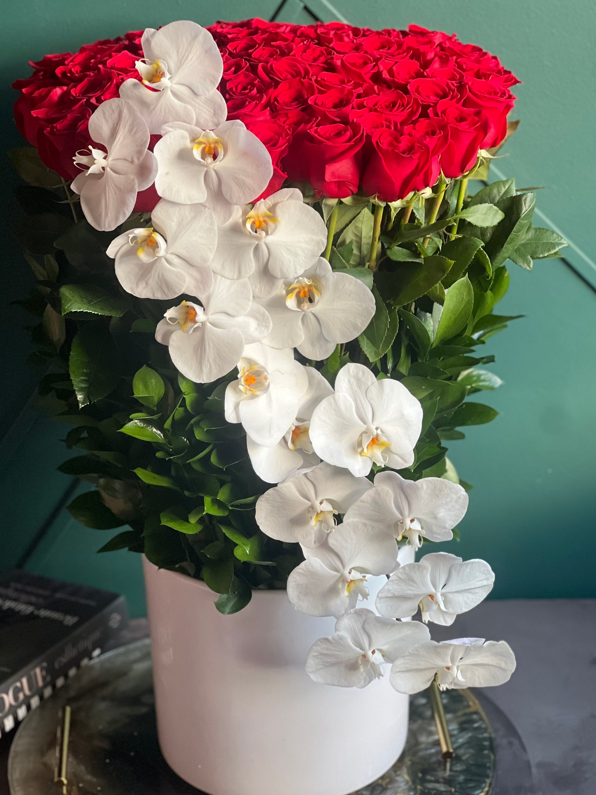 Luxury long stem red rose arrangement handcrafted in Miami