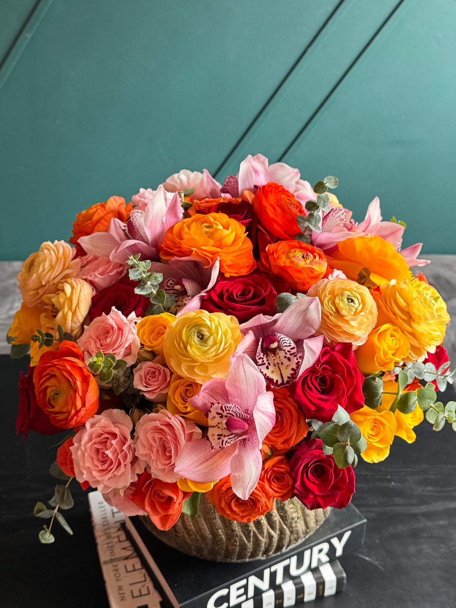 Luxury mixed flower arrangement Miami with roses and orchids