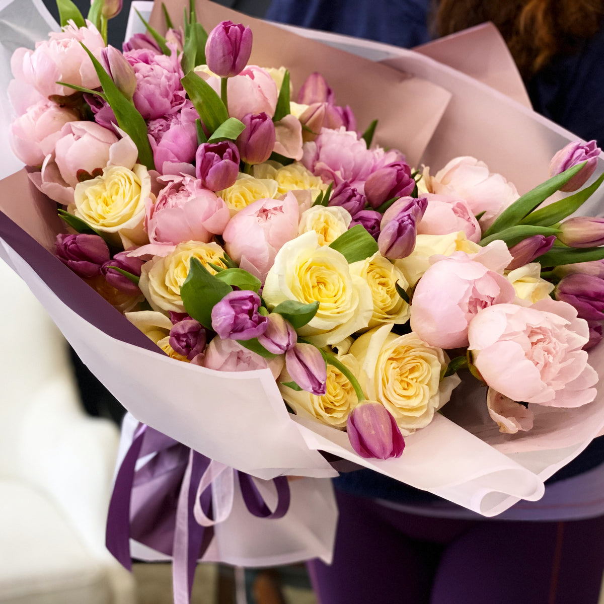 Luxury pastel bouquet with roses peonies and tulips